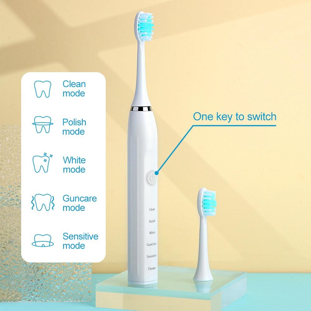 Electric Toothbrush Sonic Tooth Brush for Adults with five interchangeable heads and USB charging capability, showcasing its sleek design and features.