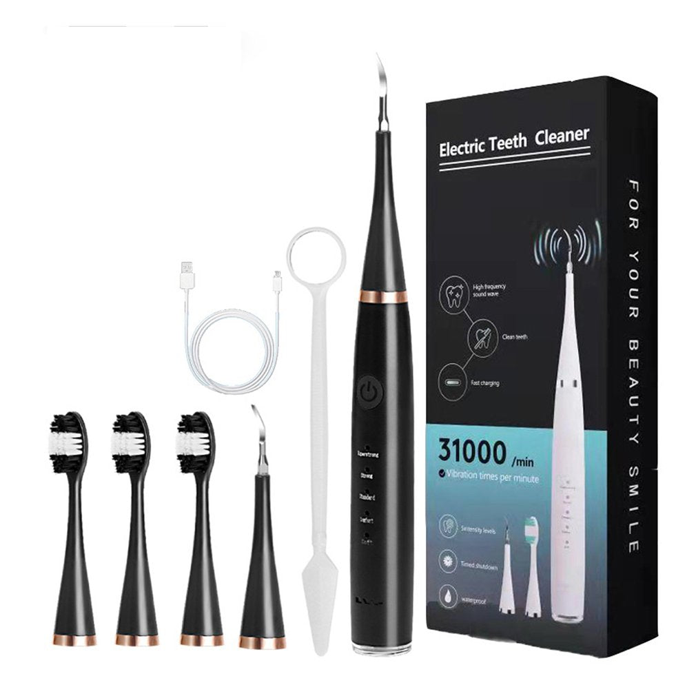 Electric toothbrush kit with three brush heads and accessories for teeth whitening and cleaning.