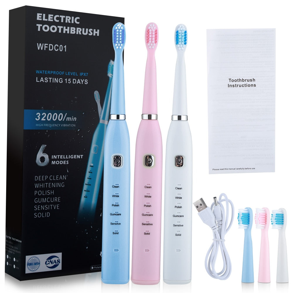 Electric Toothbrush USB Rechargeable with 6 modes, featuring soft bristles and a sleek design, ideal for effective dental care.