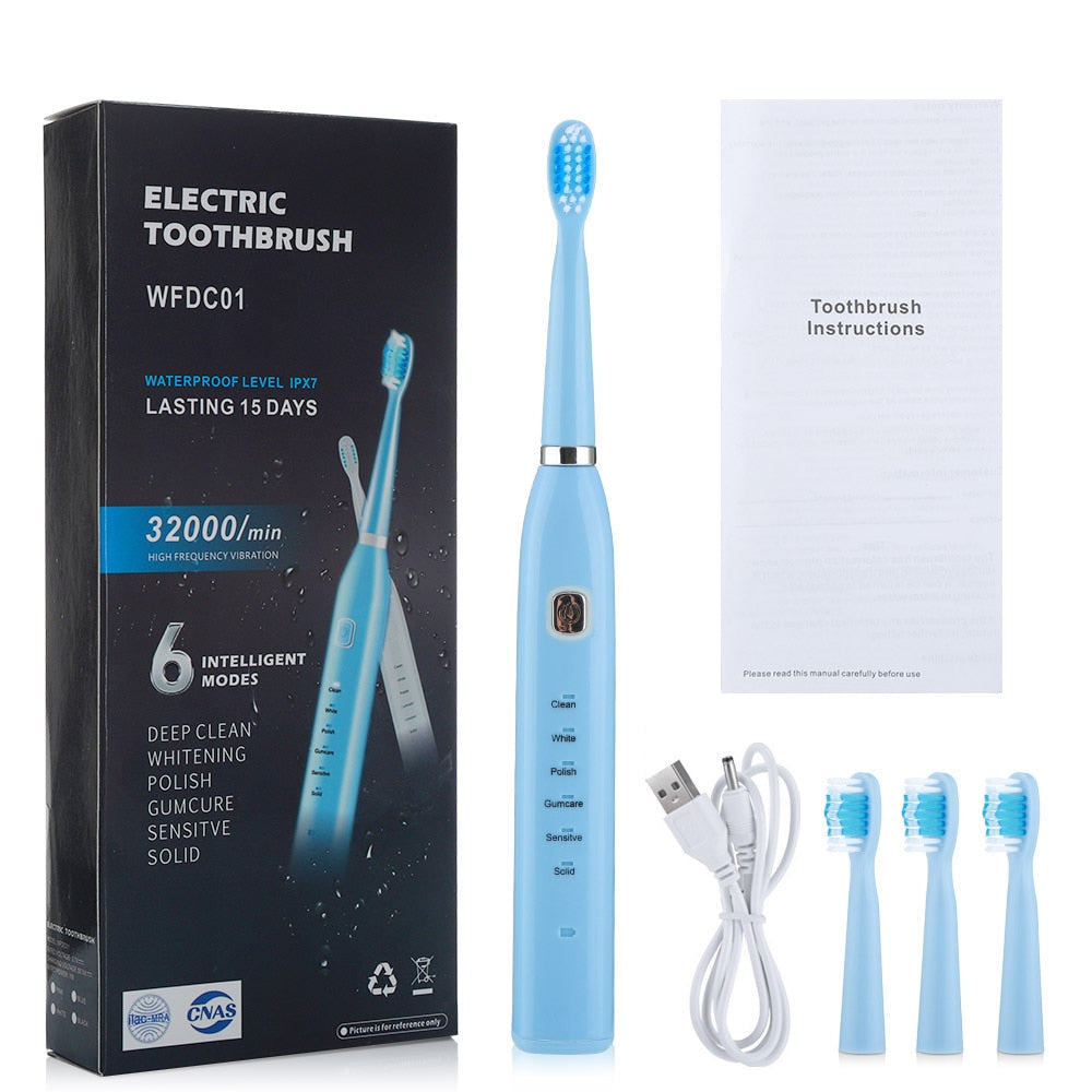 Electric Toothbrush USB Rechargeable with 6 modes, featuring soft bristles and a sleek design, ideal for effective dental care.