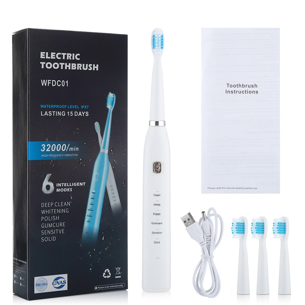 Electric Toothbrush USB Rechargeable with 6 modes, featuring soft bristles and a sleek design, ideal for effective dental care.