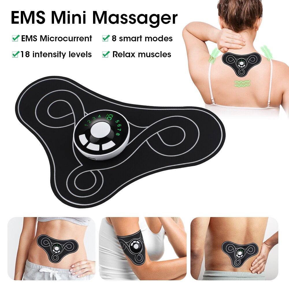 EMS Electric Massager Stimulator designed for pain relief in neck, back, and legs, featuring a compact and portable design.