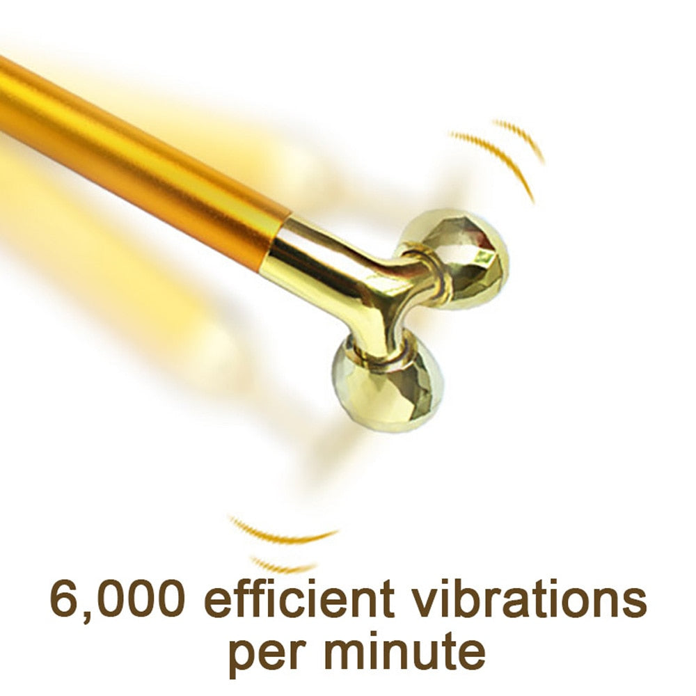 Energy Beauty Bar 24K Gold Facial Vibration Massager with T-shaped head for anti-aging and skin tightening.