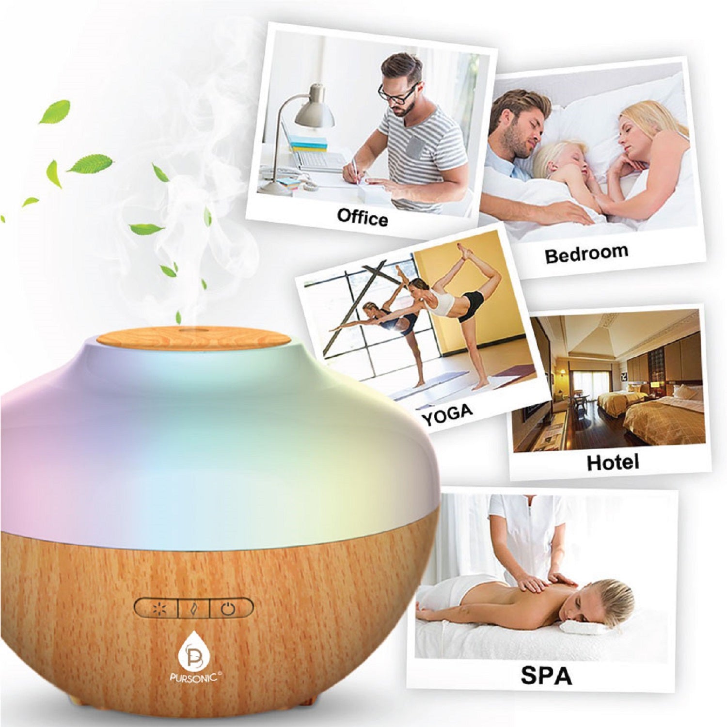 Essential Oil Aroma Diffuser with LED lights and water tank, designed for aromatherapy and home décor.