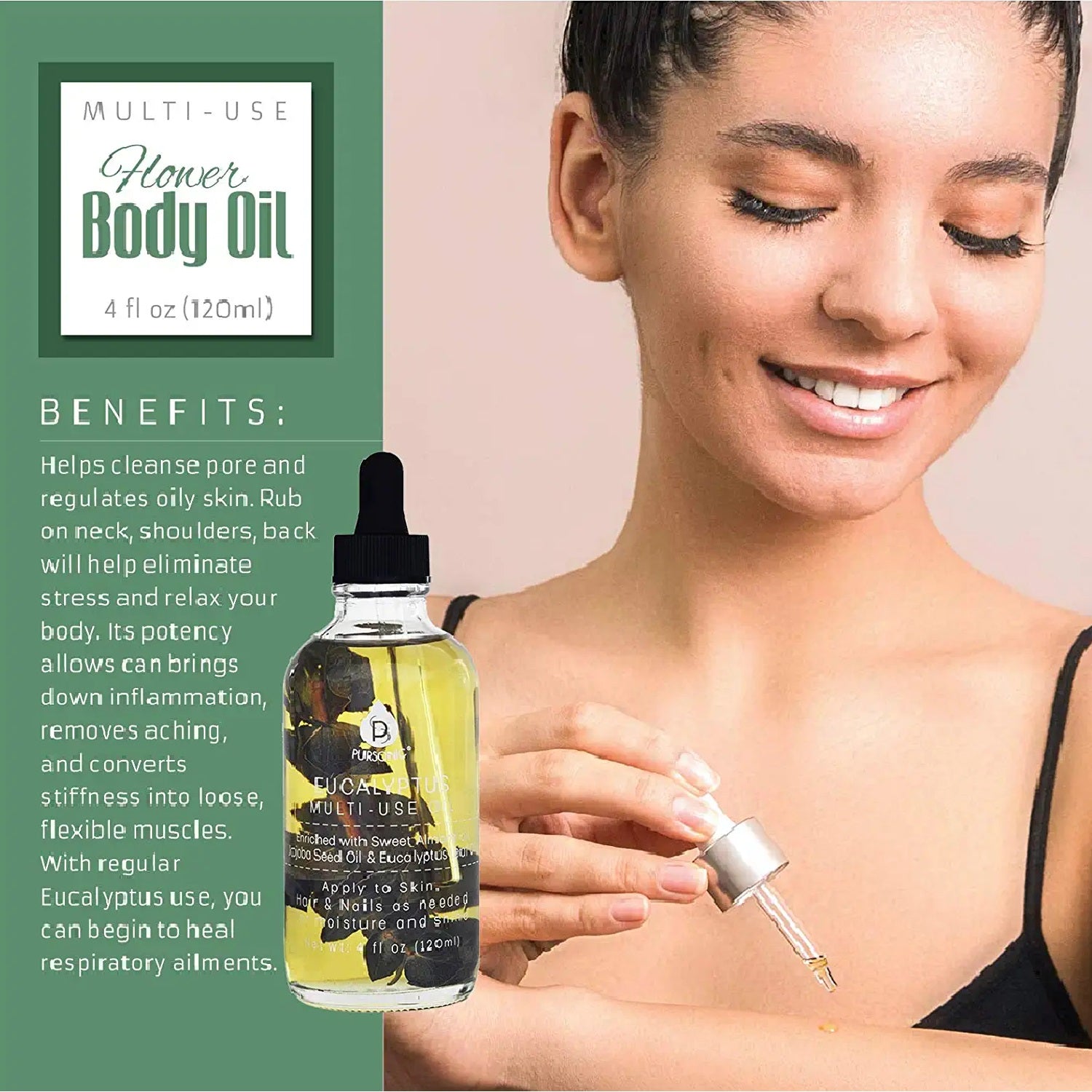 Eucalyptus Flower Multi Use Body Oils in a 4 oz bottle, showcasing its natural ingredients and soothing properties.