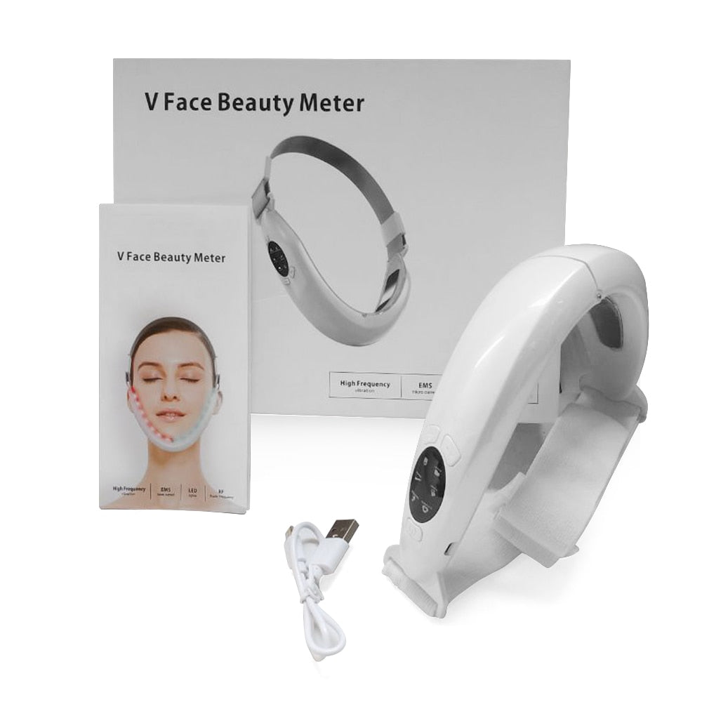 Face Slimming Massager V-Line Up Lift Belt Machine with LED Photon Light, showcasing its sleek design and features.