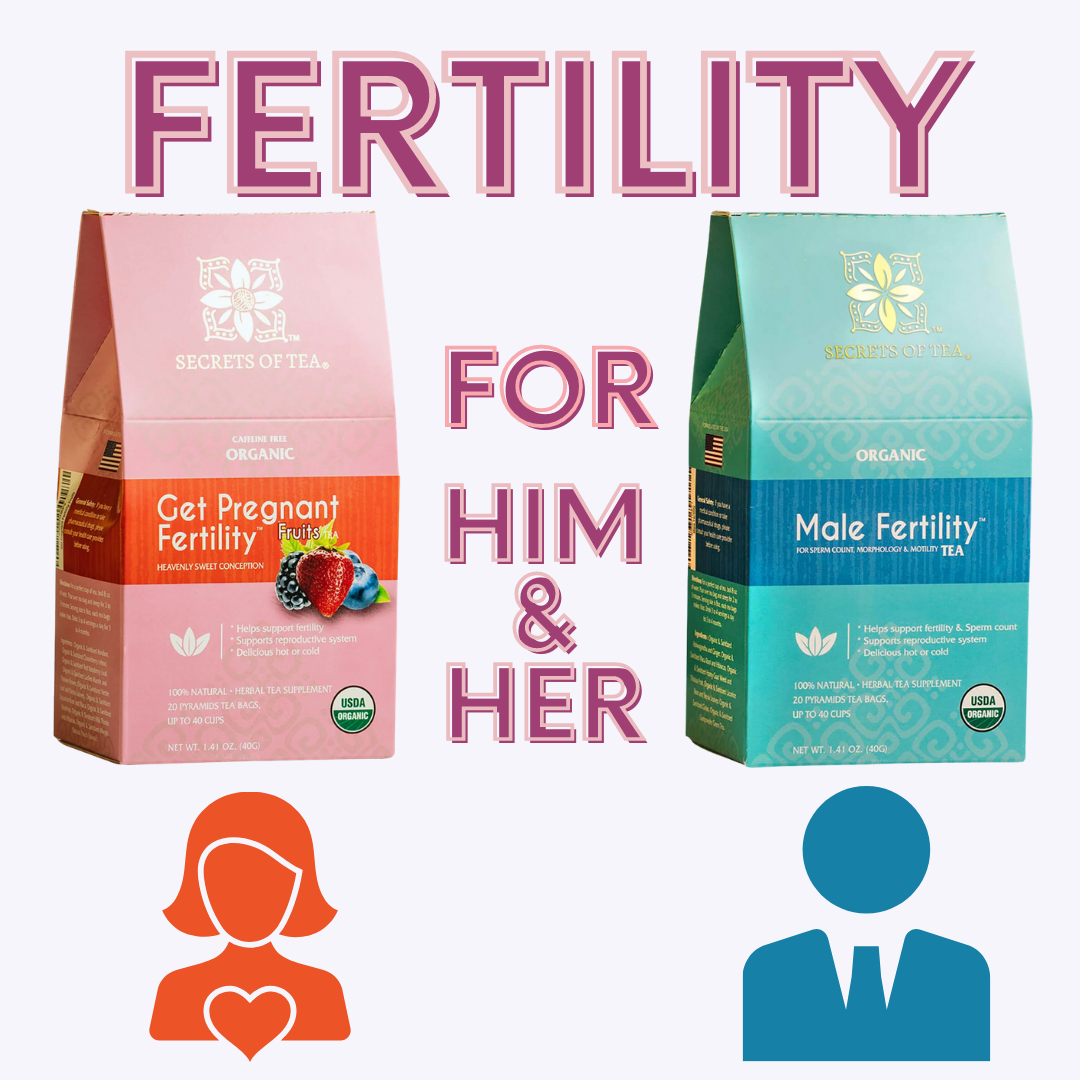 A box of Secrets Fertility Tea in Peppermint flavor, featuring two types of tea for men and women, with biodegradable sachets.