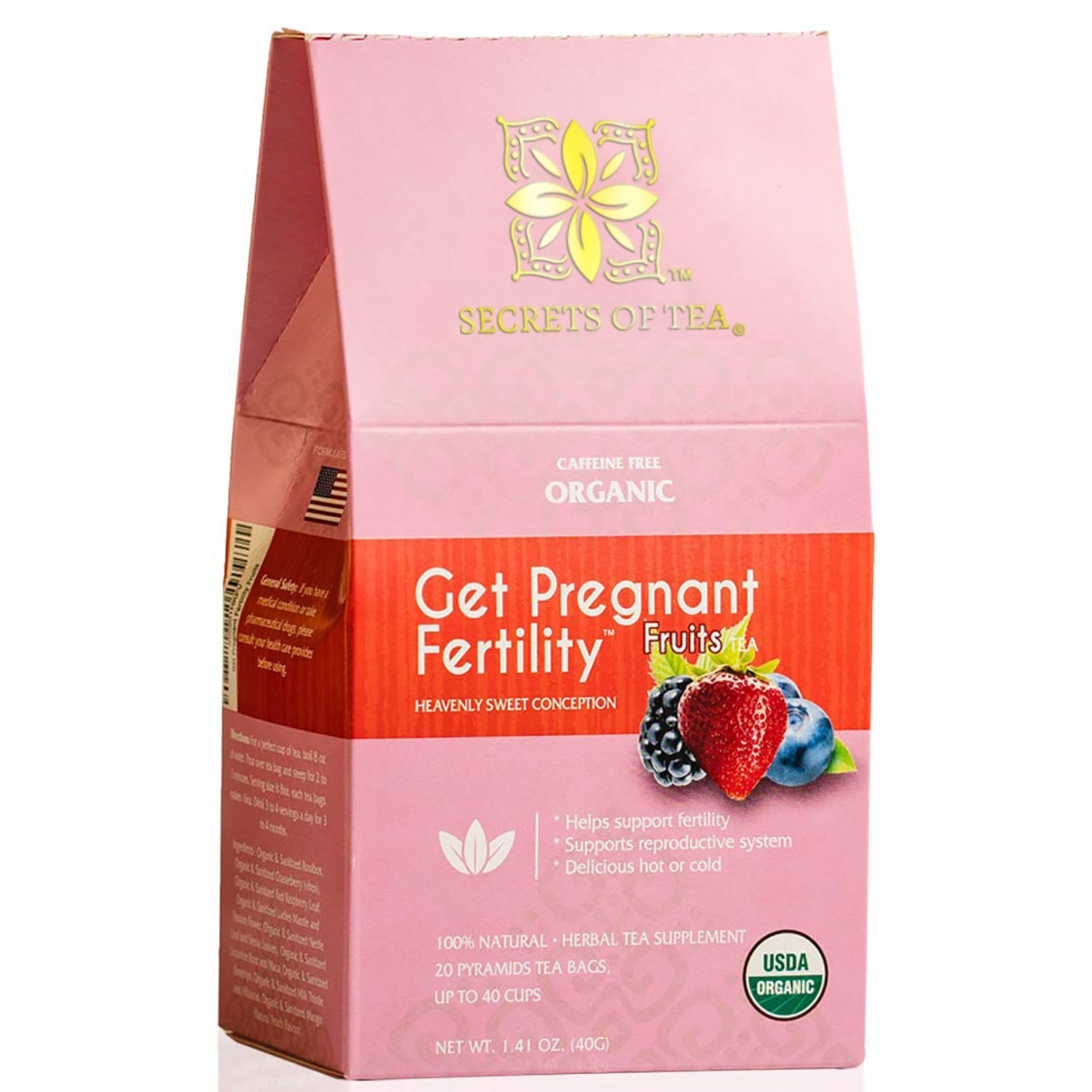 A box of Secrets Fertility Tea in Peppermint flavor, featuring two types of tea for men and women, with biodegradable sachets.