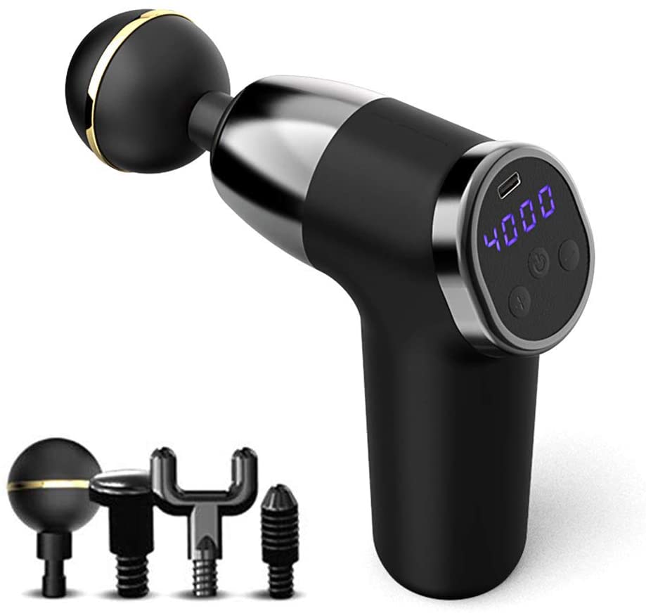 Fitness Massager Muscle Impact Gun in black color, showcasing its ergonomic design and LCD display.