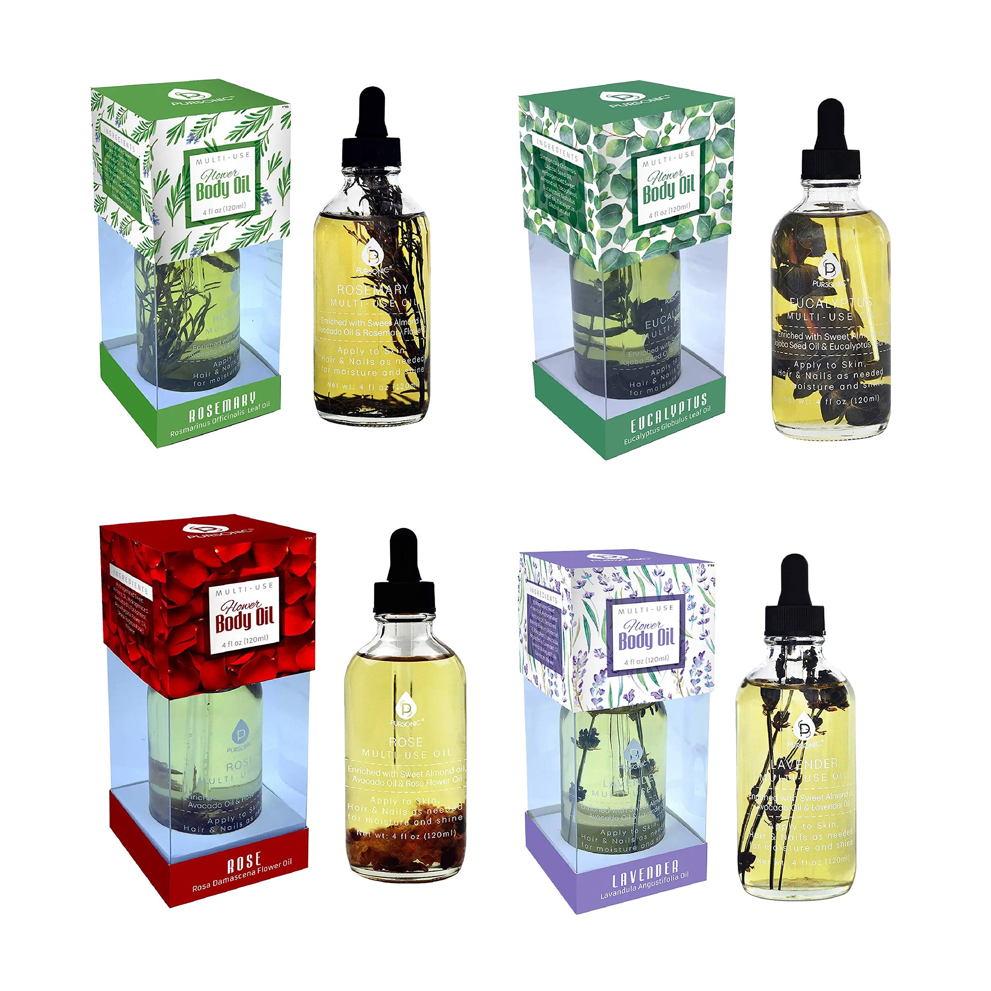 Floral Essence Multi-Use Body Oils Bundle featuring Lavender, Rose, Eucalyptus, and Rosemary oils in elegant 4 oz bottles.