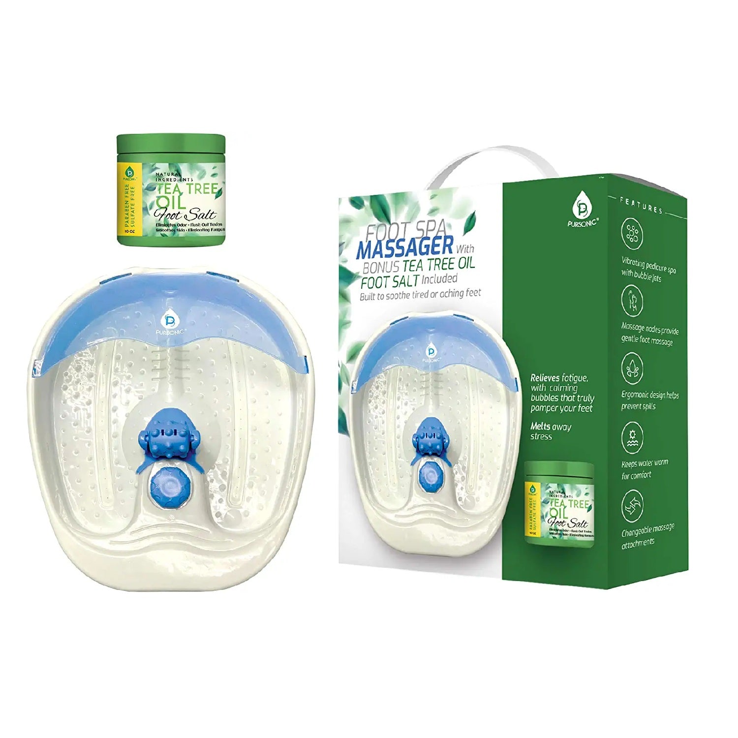Foot Spa Massager with tea tree oil foot salt scrub, featuring a warming function and ergonomic design for a relaxing foot soak experience.
