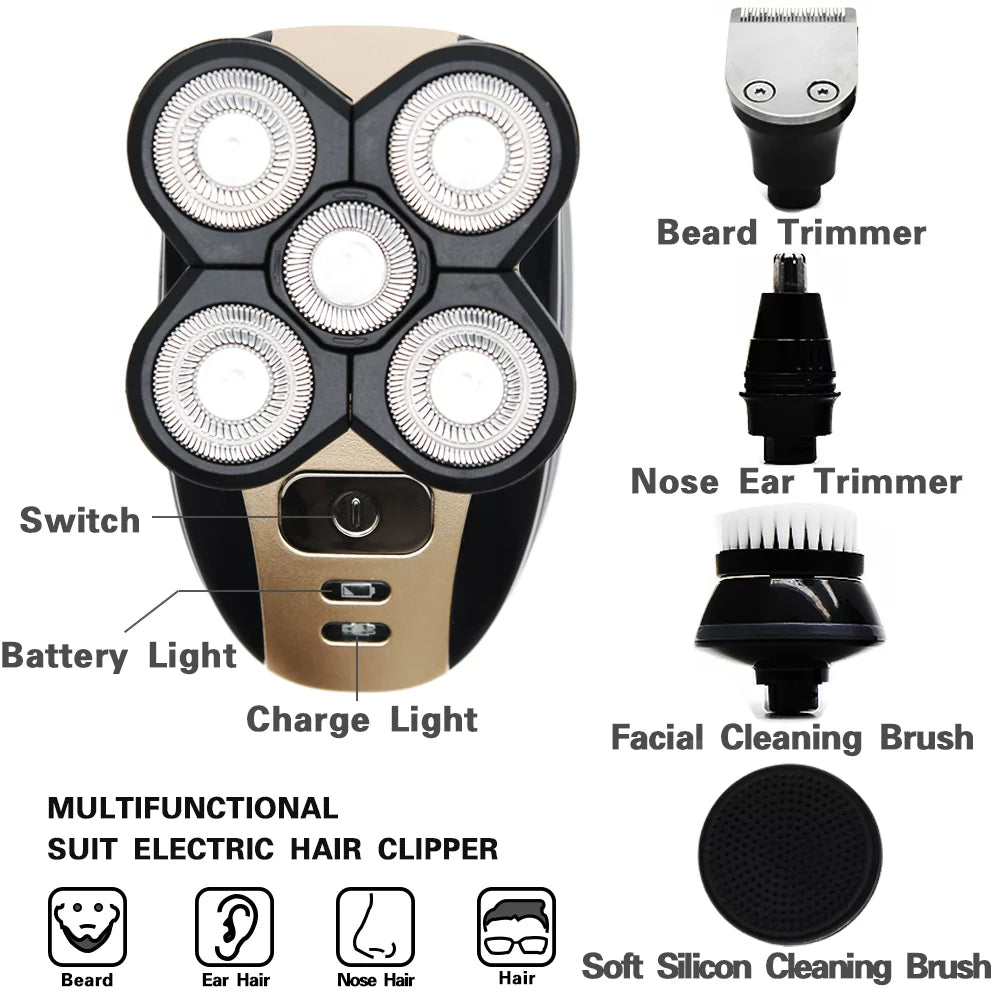 Genkent Electric Shaver 5 In 1 with multiple heads and accessories, showcasing its sleek black and golden design.