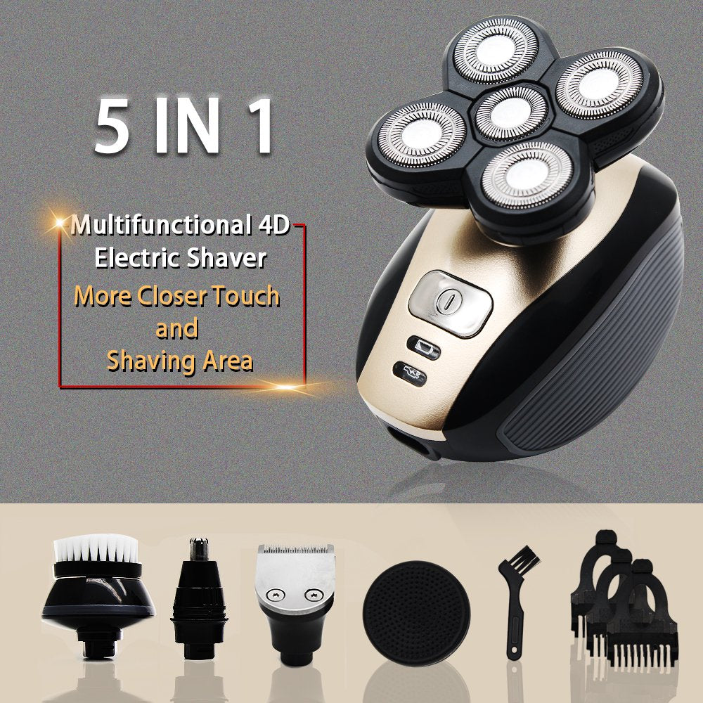 Genkent Electric Shaver 5 In 1 with multiple heads and accessories, showcasing its sleek black and golden design.