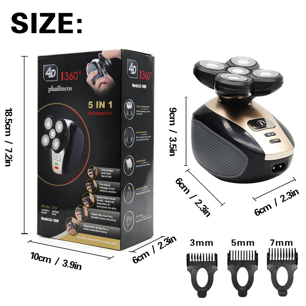 Genkent Electric Shaver 5 In 1 with multiple heads and accessories, showcasing its sleek black and golden design.