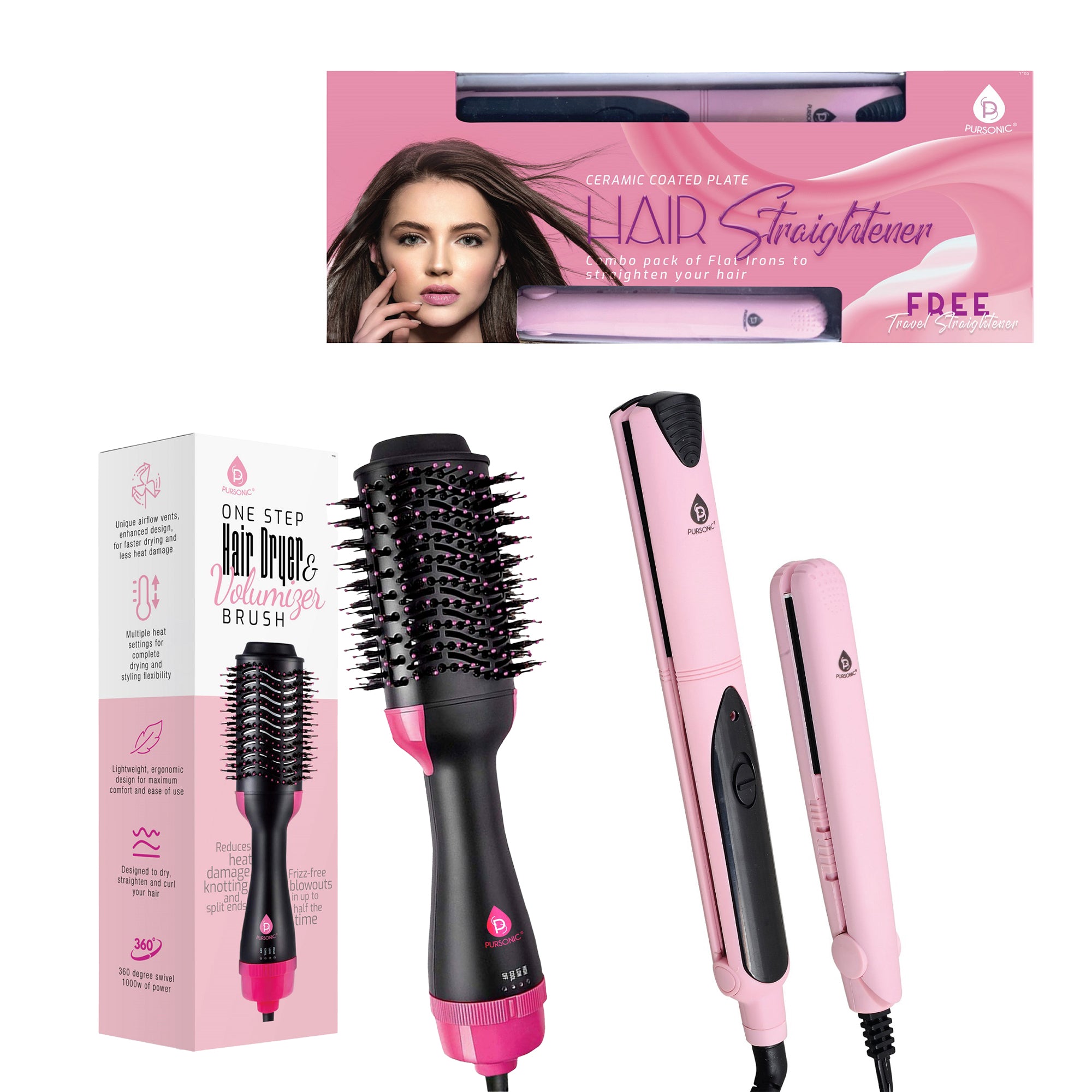 Pursonic Hair Styling Power Bundle featuring a One Step Hair Dryer & Volumizer Brush and a Professional Flat Iron Hair Straightener, ideal for salon-quality styling.