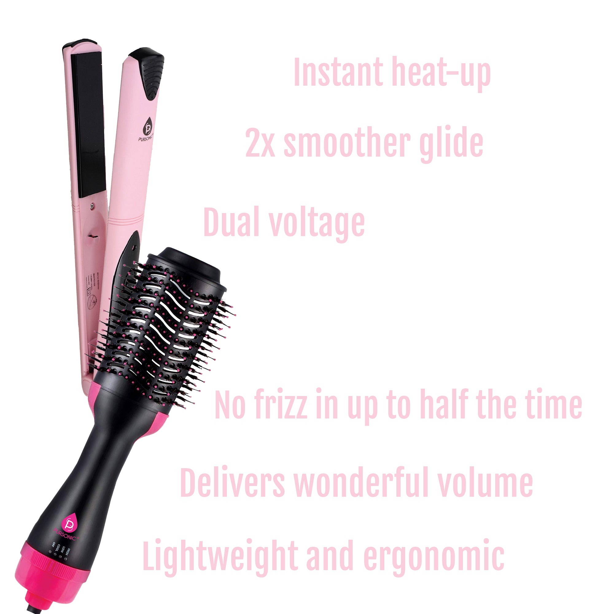 Pursonic Hair Styling Power Bundle featuring a One Step Hair Dryer & Volumizer Brush and a Professional Flat Iron Hair Straightener, ideal for salon-quality styling.
