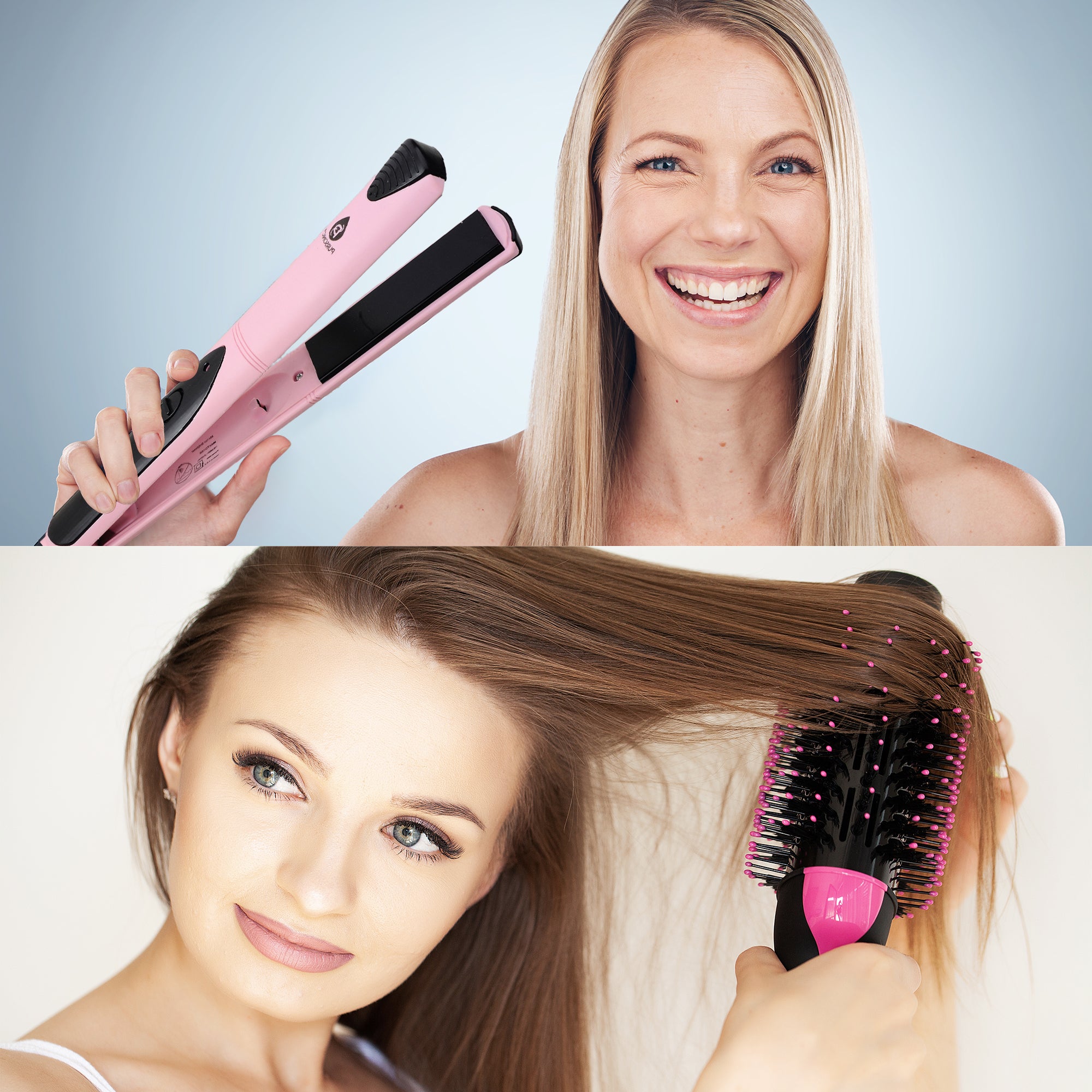 Pursonic Hair Styling Power Bundle featuring a One Step Hair Dryer & Volumizer Brush and a Professional Flat Iron Hair Straightener, ideal for salon-quality styling.