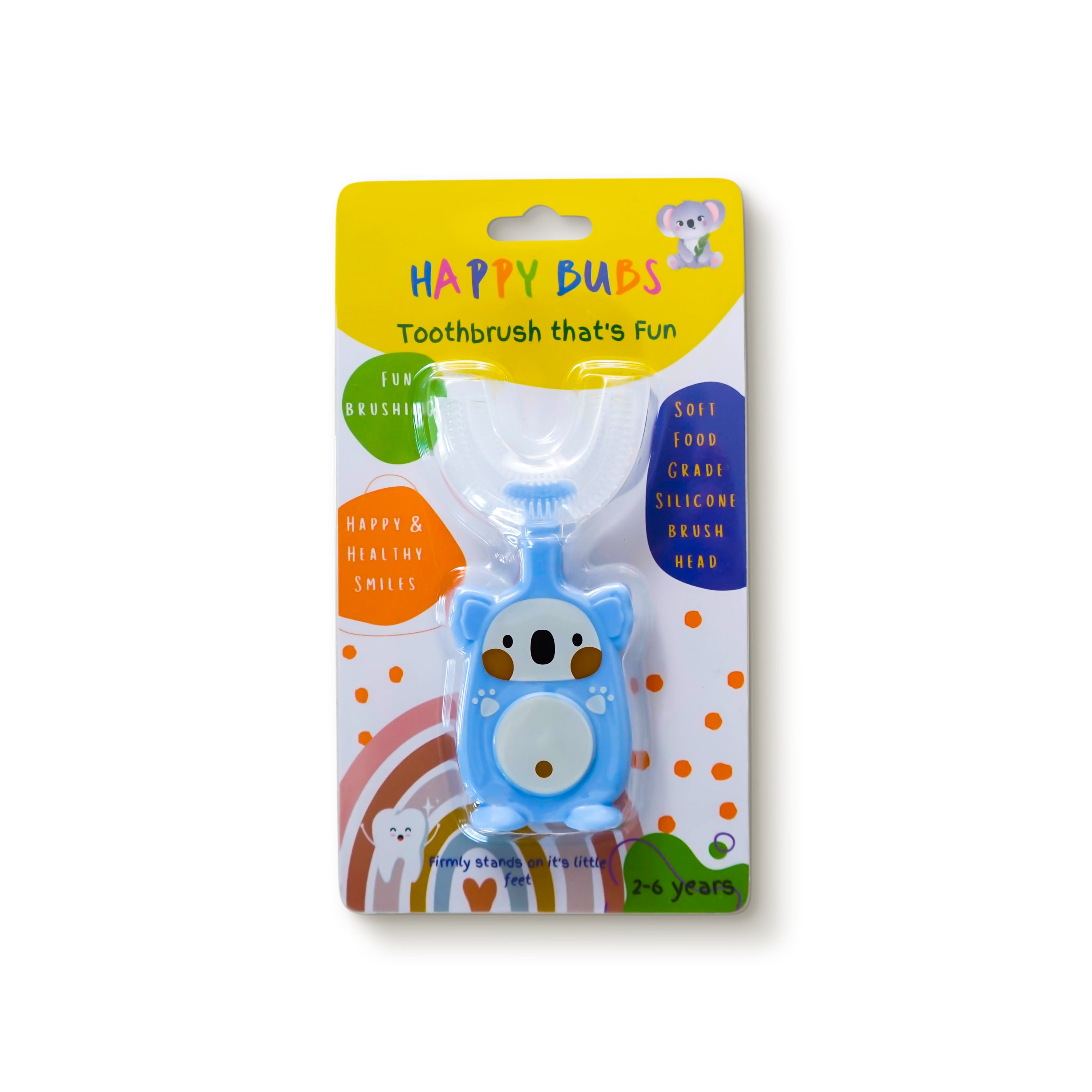 Happy Bubs U Shaped Silicone Toothbrush in blue, designed for toddlers aged 2-6, featuring a cute koala joey design.