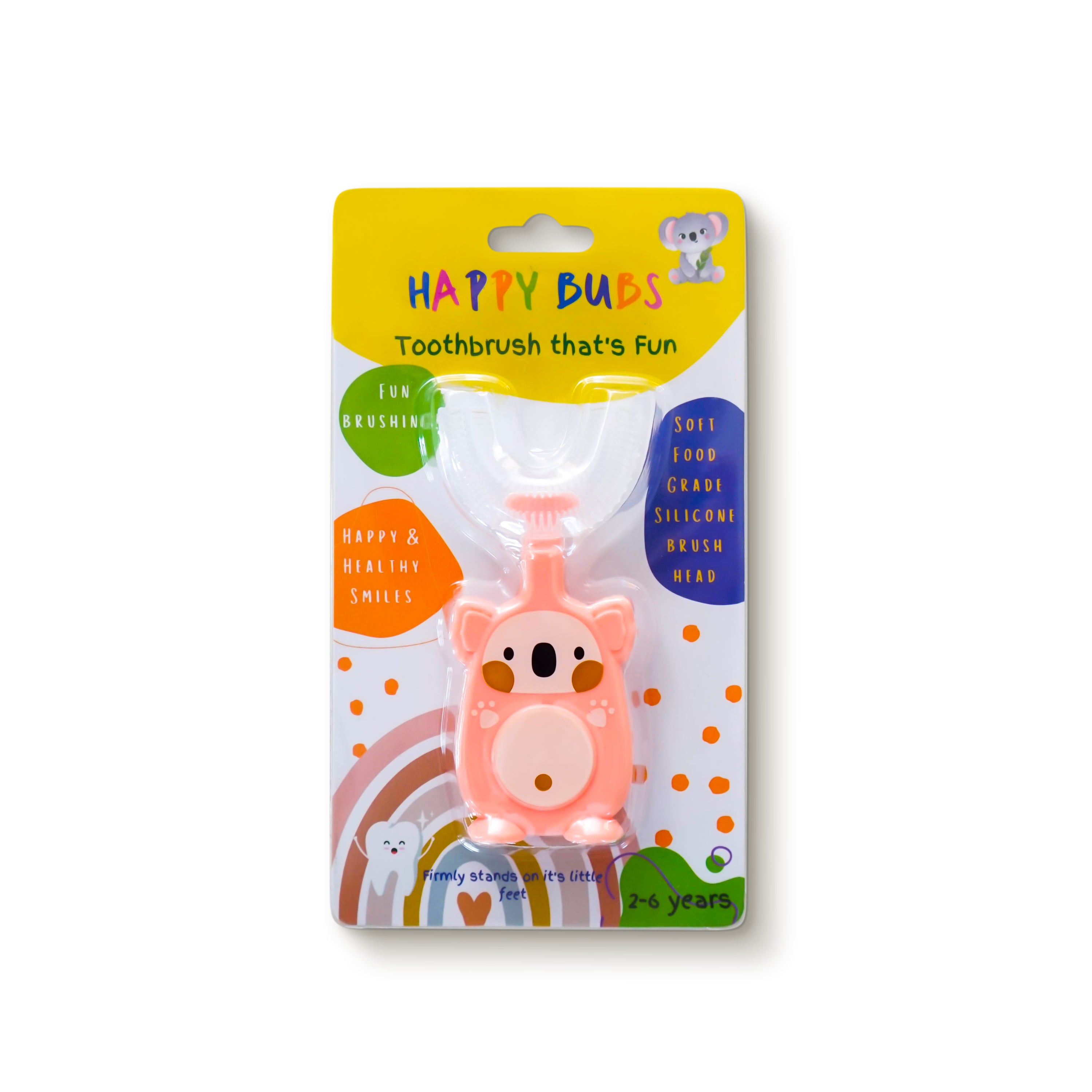 Happy Bubs U Shaped Silicone Toothbrush in pink, designed for toddlers aged 2-6 years, featuring a cute koala joey design.