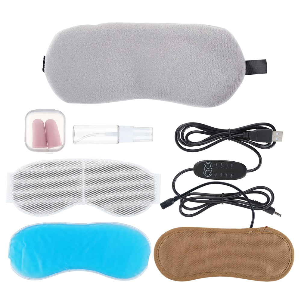Heated Eye Mask in gray color, designed for warm and cold compress therapy, featuring a lavender stuffing bag and hand controller.