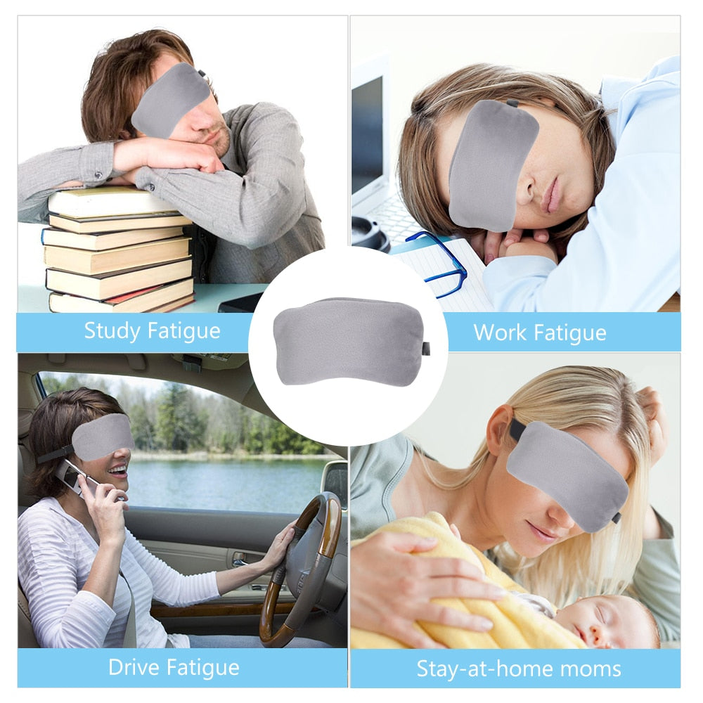 Heated Eye Mask in gray color, designed for warm and cold compress therapy, featuring a lavender stuffing bag and hand controller.