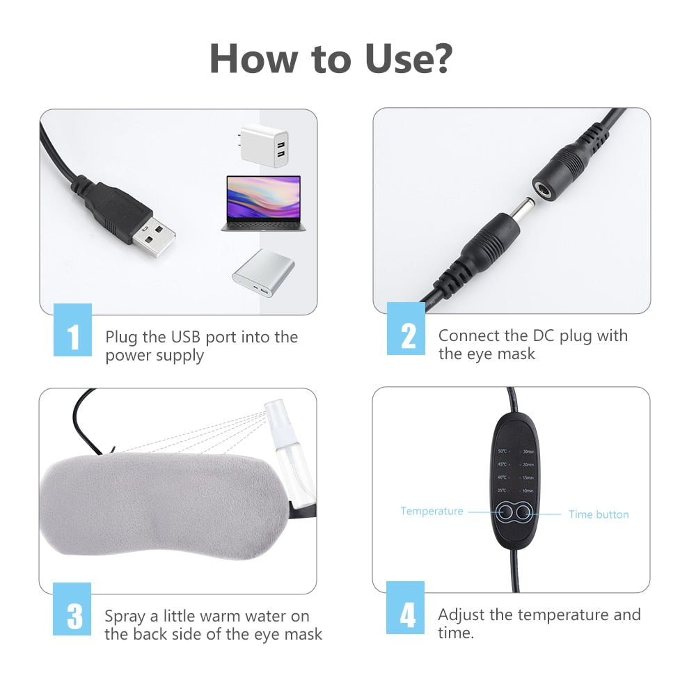 Heated Eye Mask in gray color, designed for warm and cold compress therapy, featuring a lavender stuffing bag and hand controller.