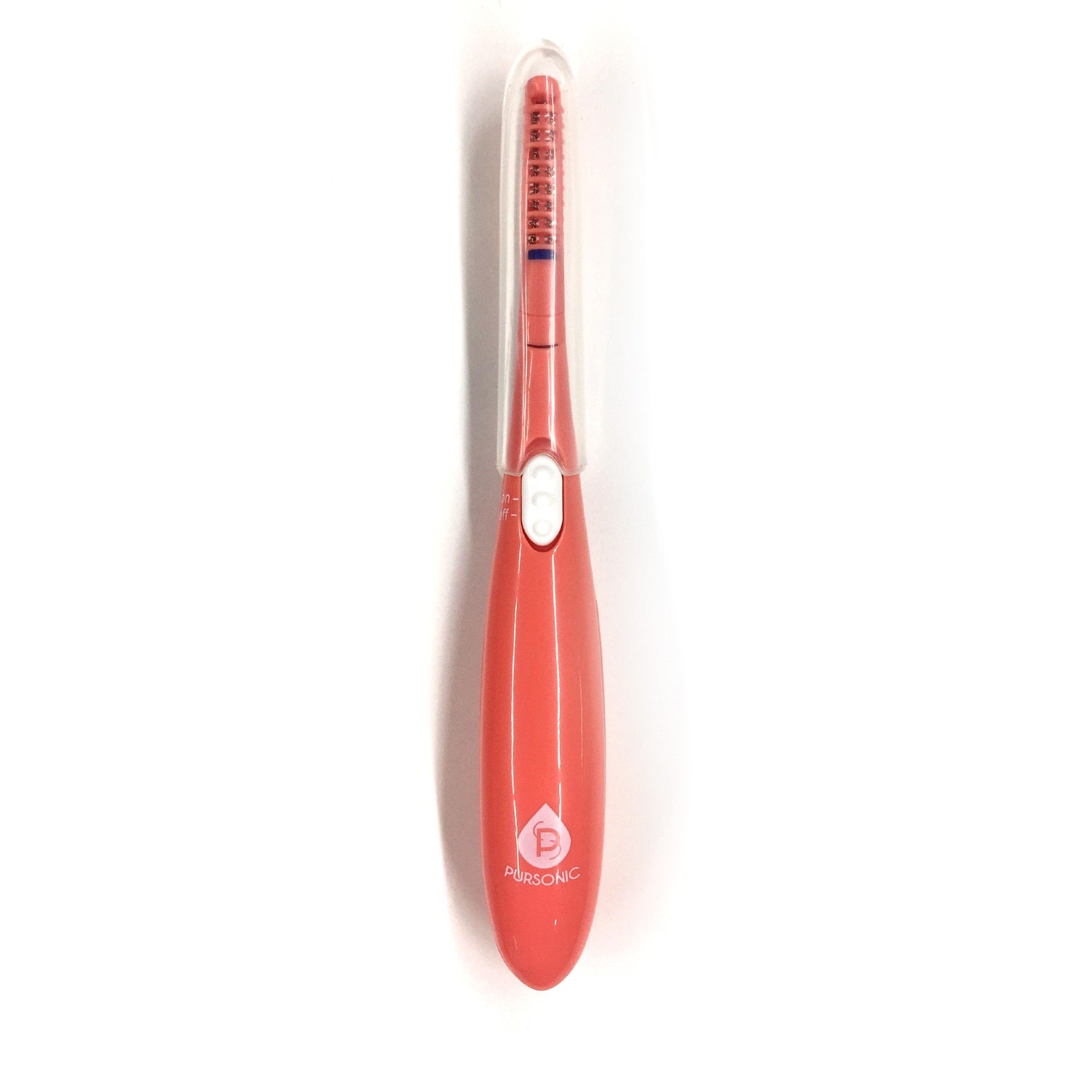 Heated eyelash curler with built-in comb, designed for long-lasting curls and easy styling.