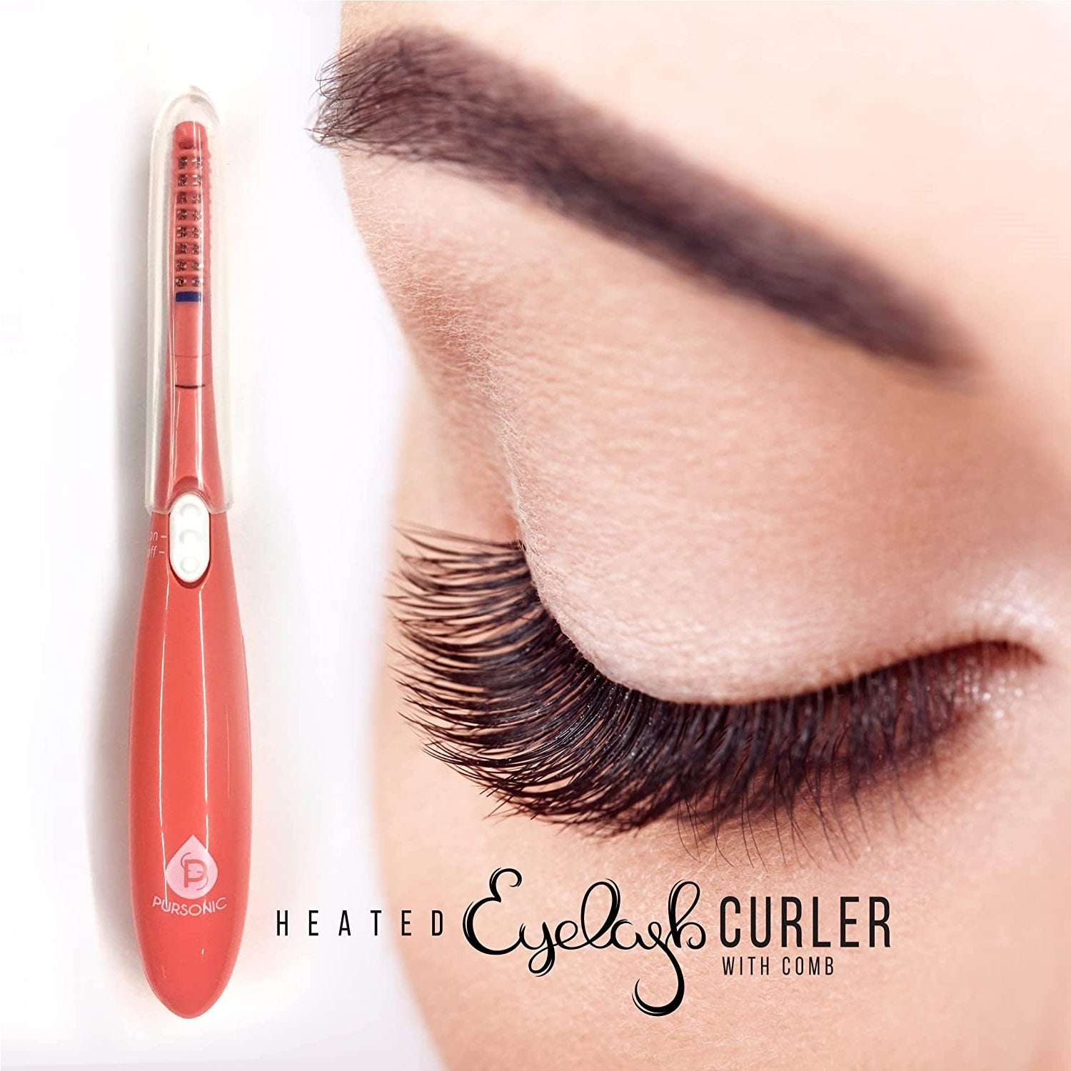 Heated eyelash curler with built-in comb, designed for long-lasting curls and easy styling.