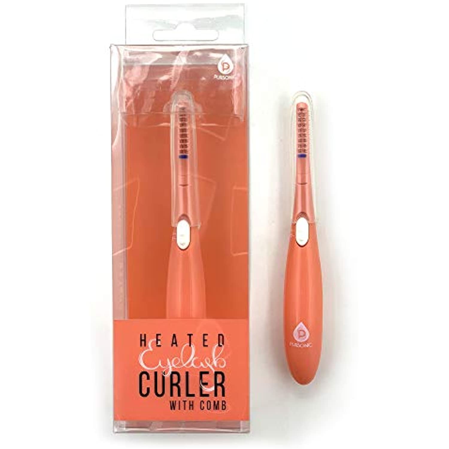 Heated eyelash curler with built-in comb, designed for long-lasting curls and easy styling.