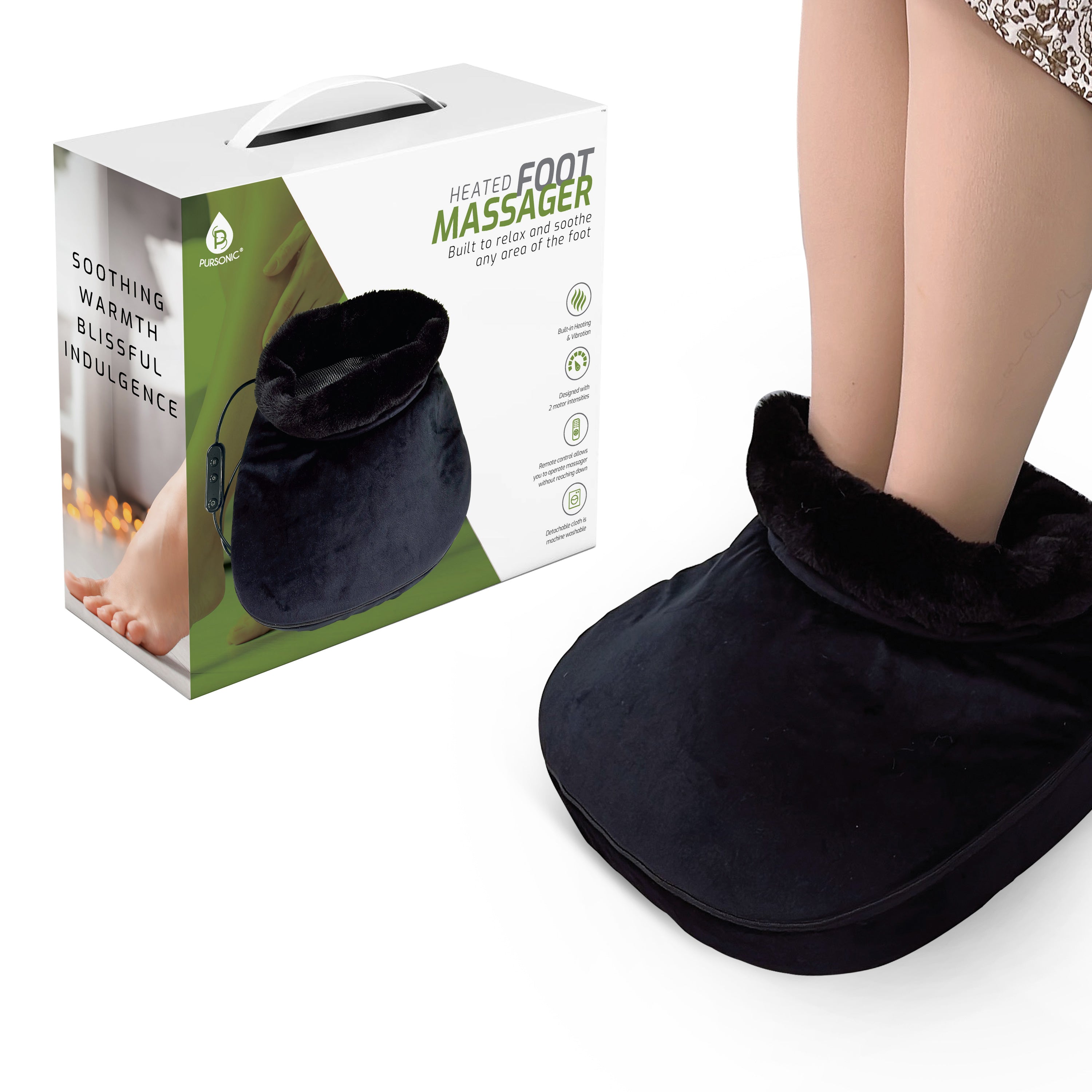 Heated foot massager with remote control, showcasing its compact and foldable design, perfect for relaxation and foot care.