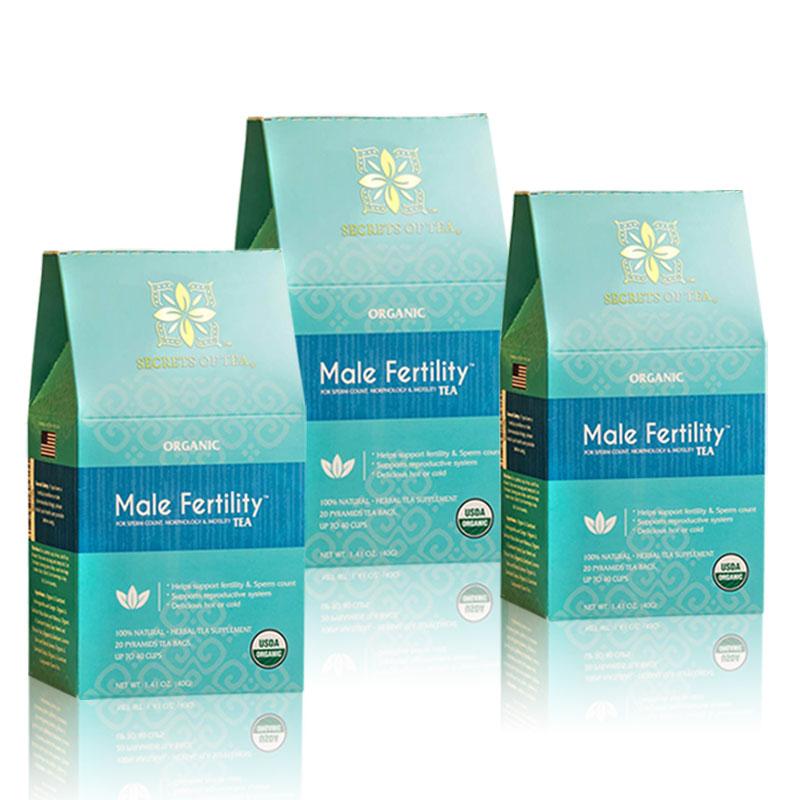 A box of Male Fertility Tea featuring organic ingredients, designed to enhance sperm count and motility.
