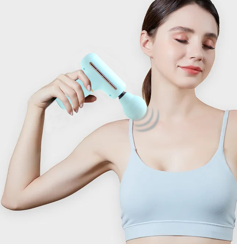 A compact Household Appliances Massage Gun with a sleek design, featuring a USB charging port and adjustable settings for muscle relaxation.