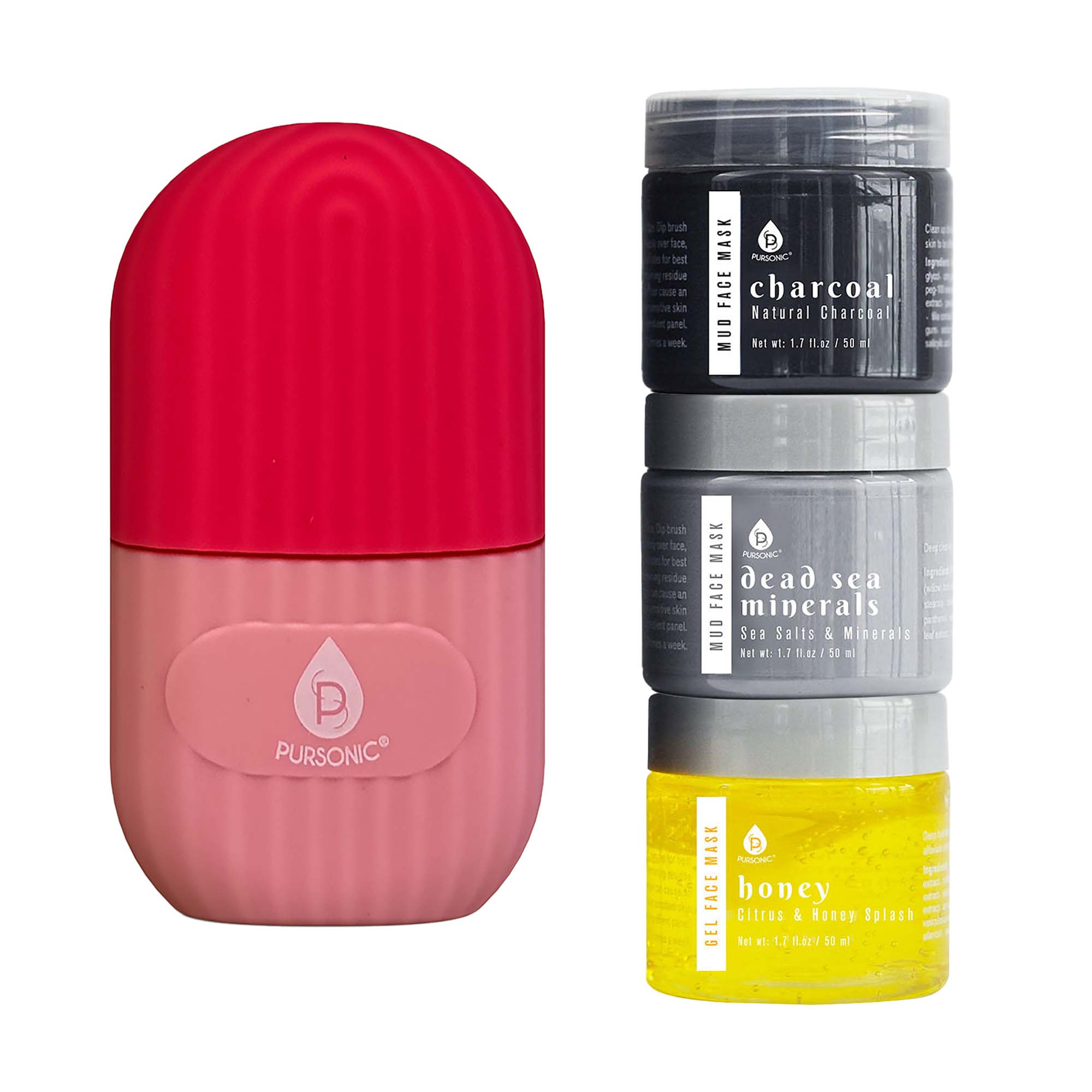 Ice Cube Facial Roller Massager alongside three facial therapy mud masks, showcasing a refreshing skincare bundle for rejuvenation.