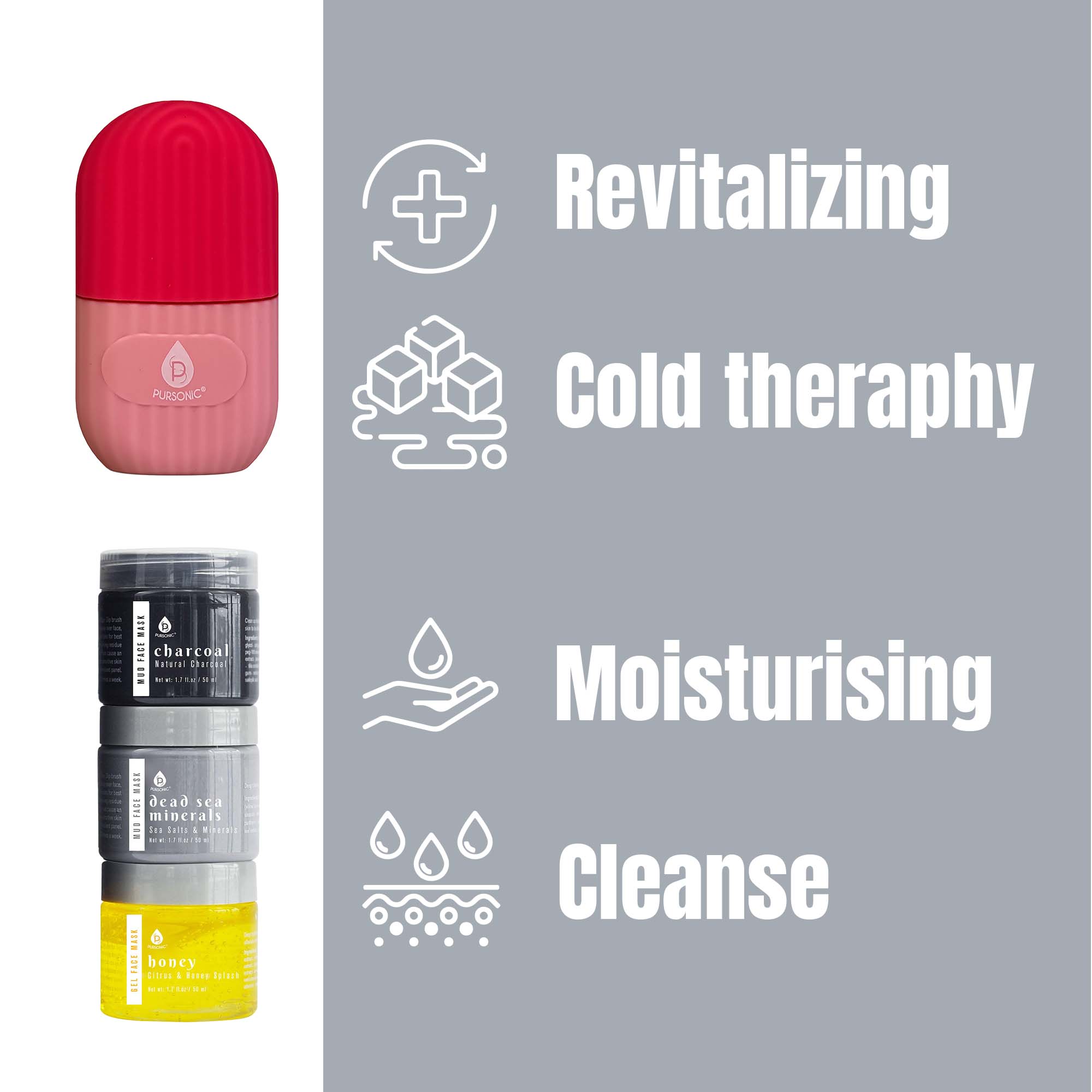 Ice Cube Facial Roller Massager alongside three facial therapy mud masks, showcasing a refreshing skincare bundle for rejuvenation.