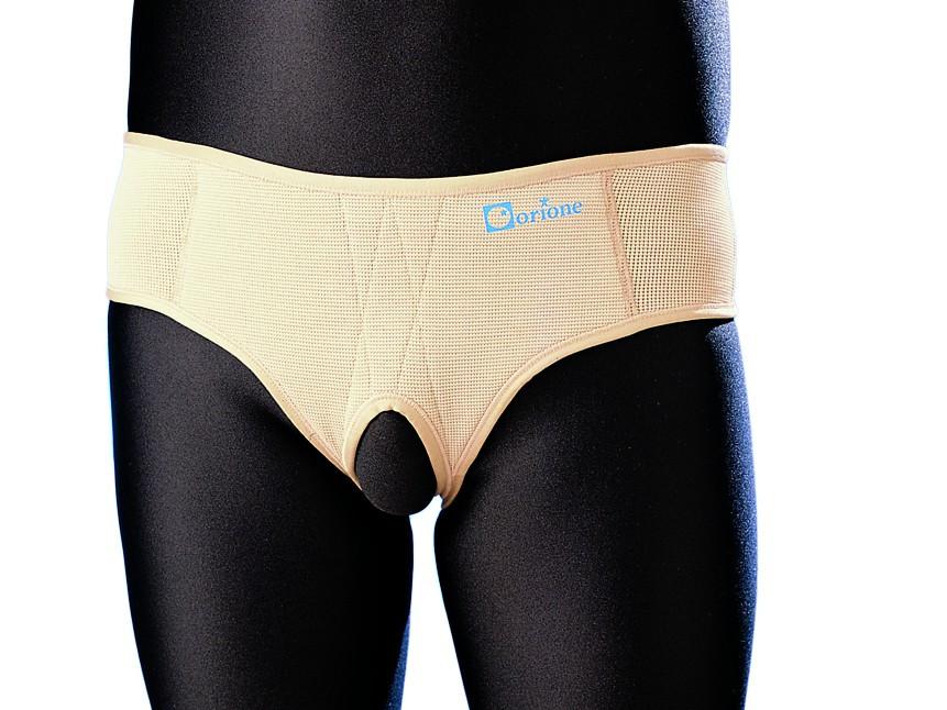 Bilateral inguinal hernia truss made of elastic fabric with two supportive pads.