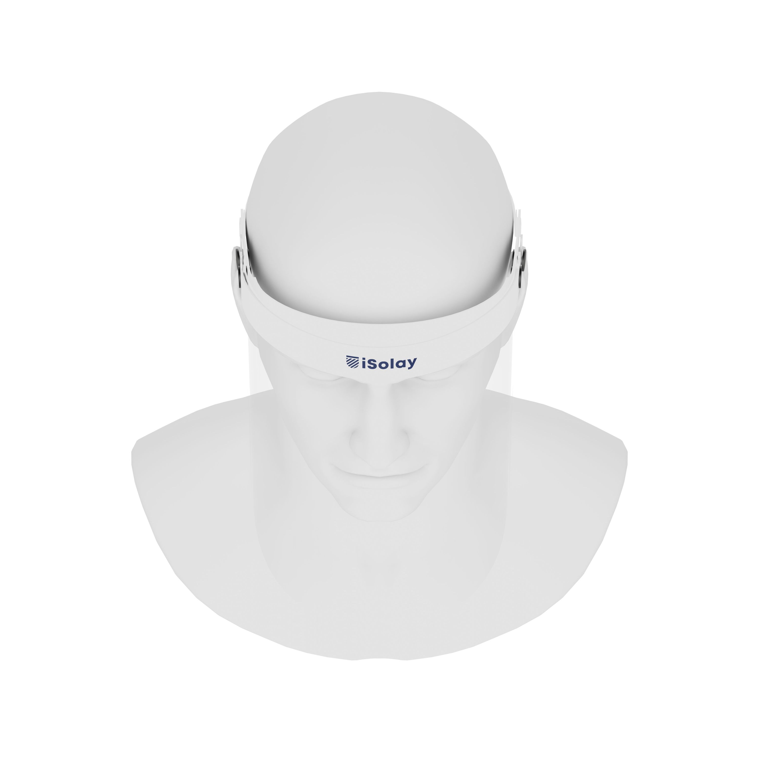 iSolay Basic Face Shield in white, featuring adjustable elastic band and comfortable foam padding for a secure fit.