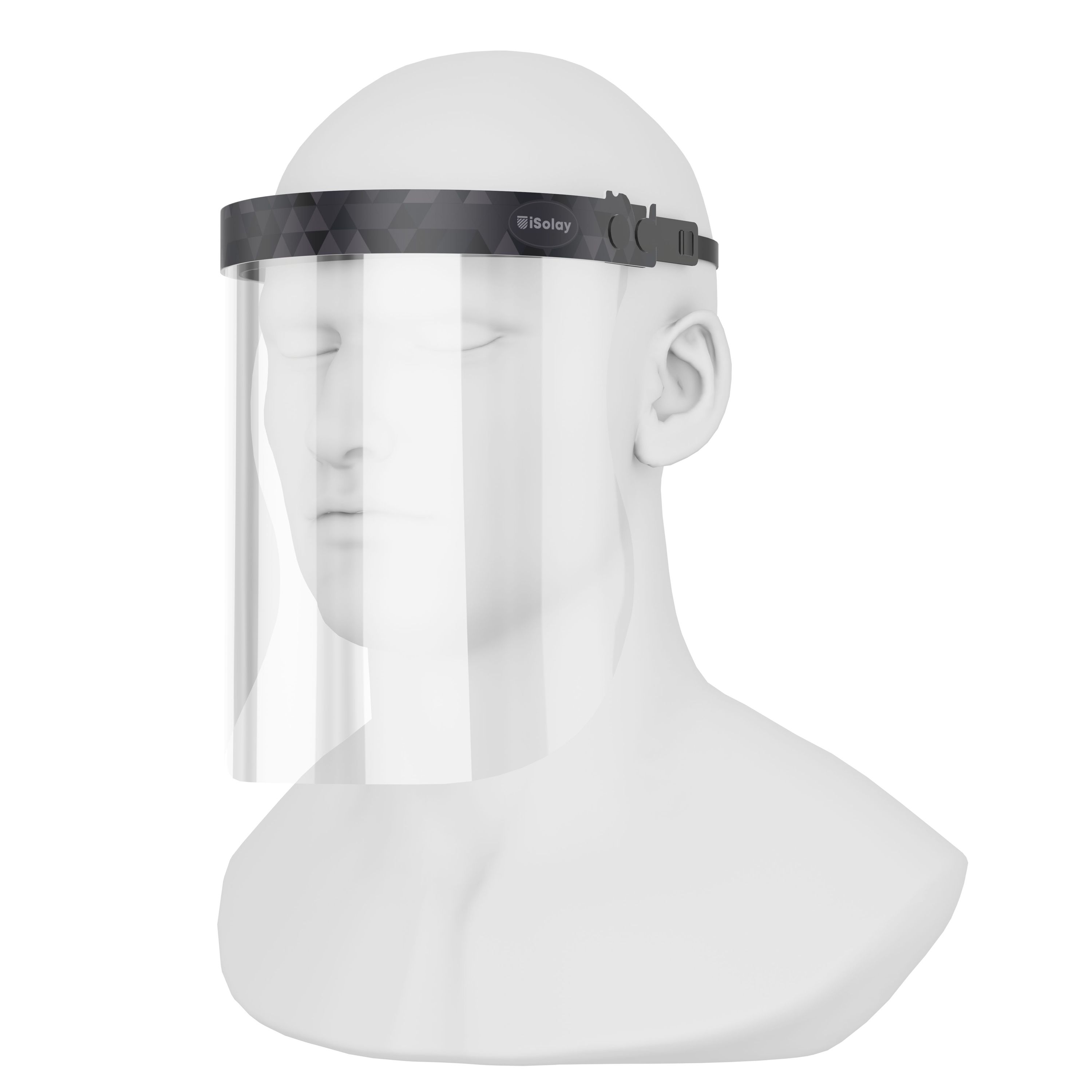 iSolay Face Shield Triangle of Black Shades, featuring a transparent design with adjustable foam padding for comfort and safety.