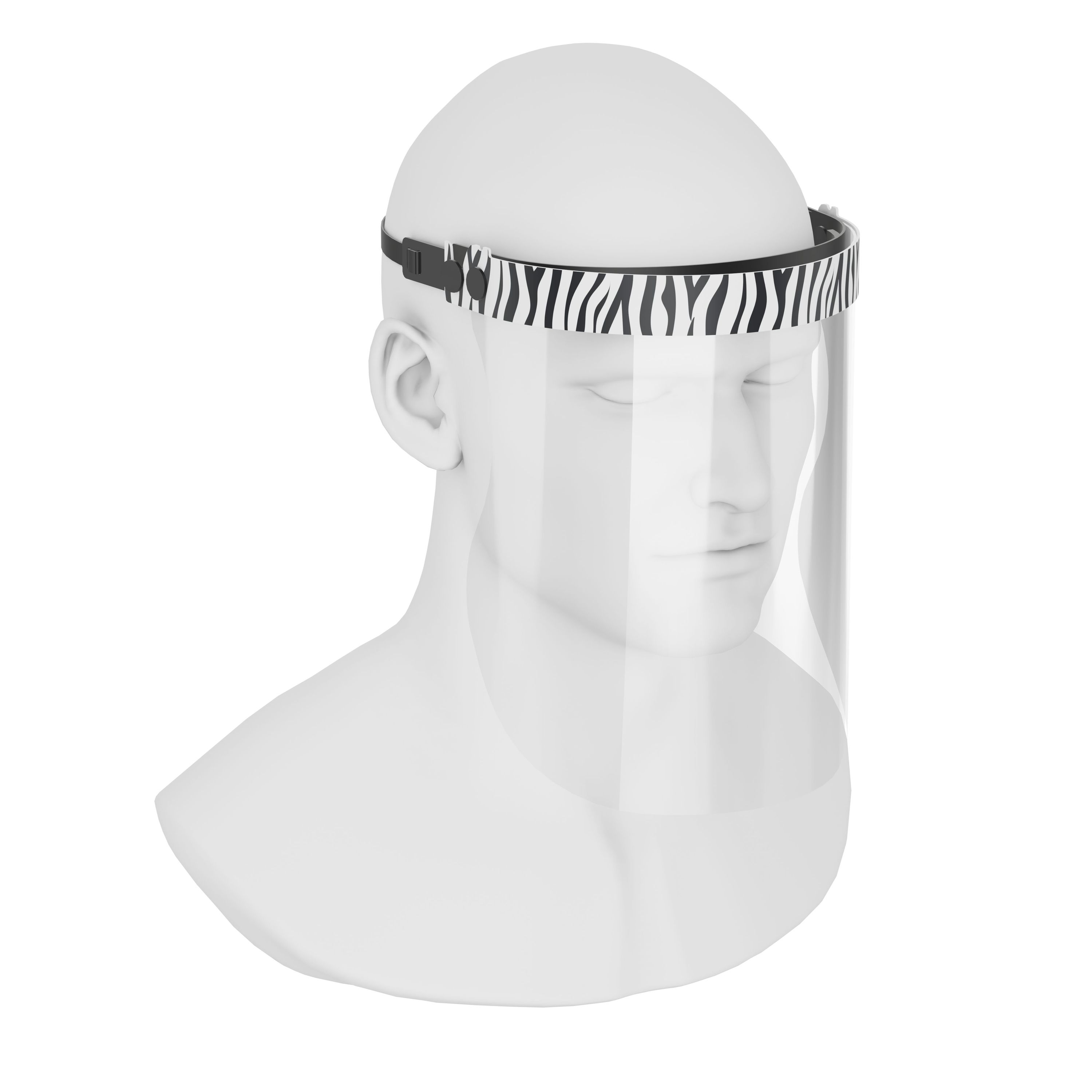 iSolay Face Shield Zebra featuring a stylish zebra design, lightweight construction, and adjustable fit for comfort and safety.