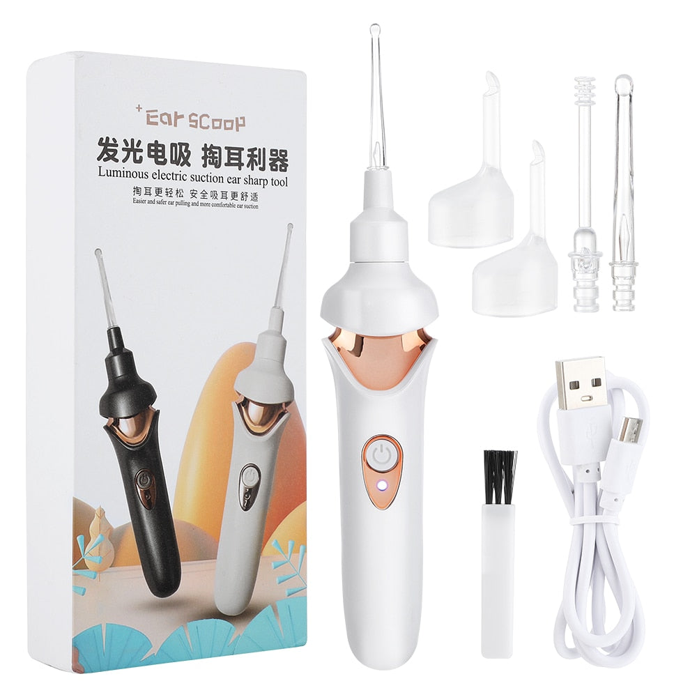 Kid Electric Ear Cordless Safe Vibration Painless Vacuum Ear Wax Pick with LED light and soft spoon head for safe ear cleaning.