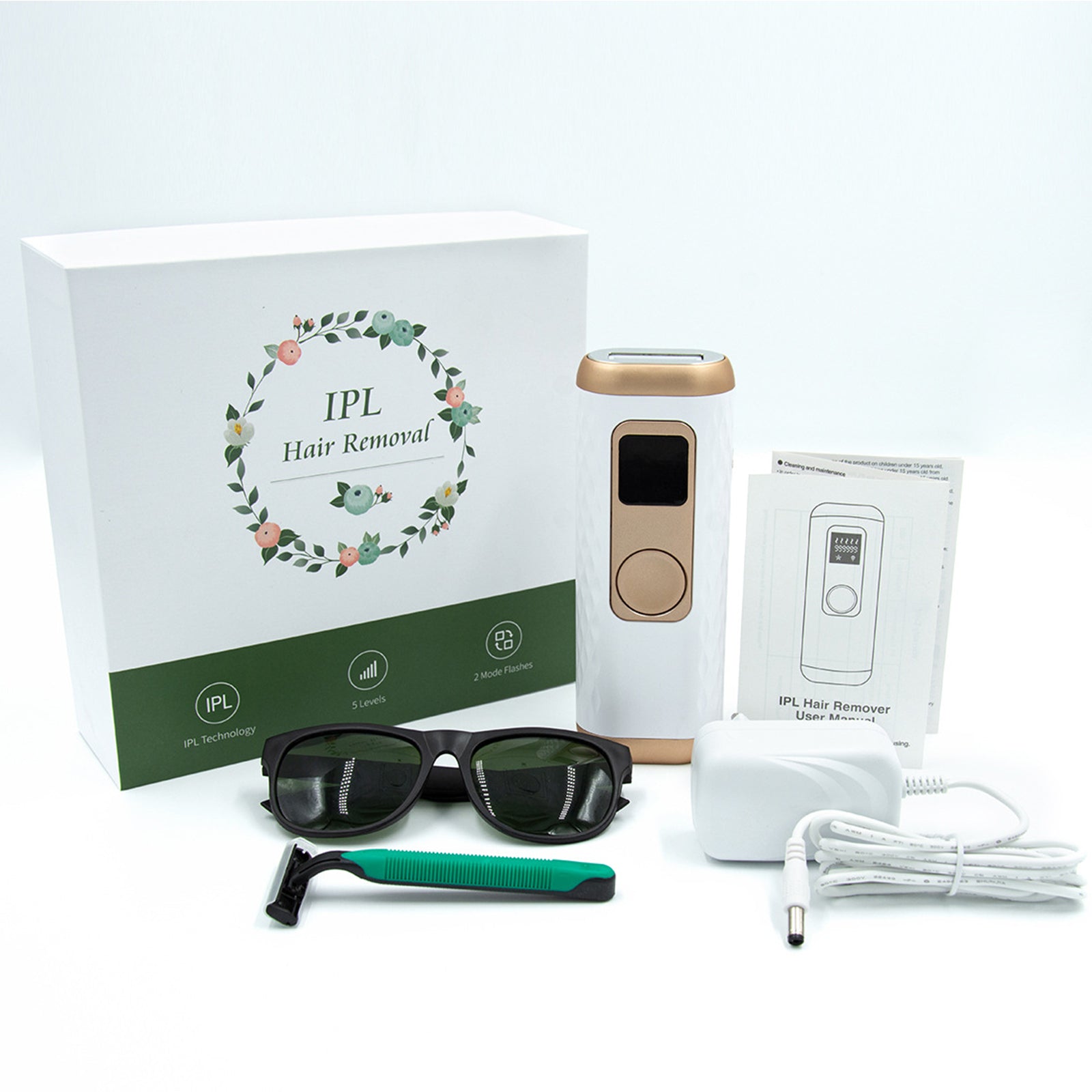 Laser IPL Hair Removal device in dark green color, showcasing its sleek design and adjustable settings for painless hair removal.