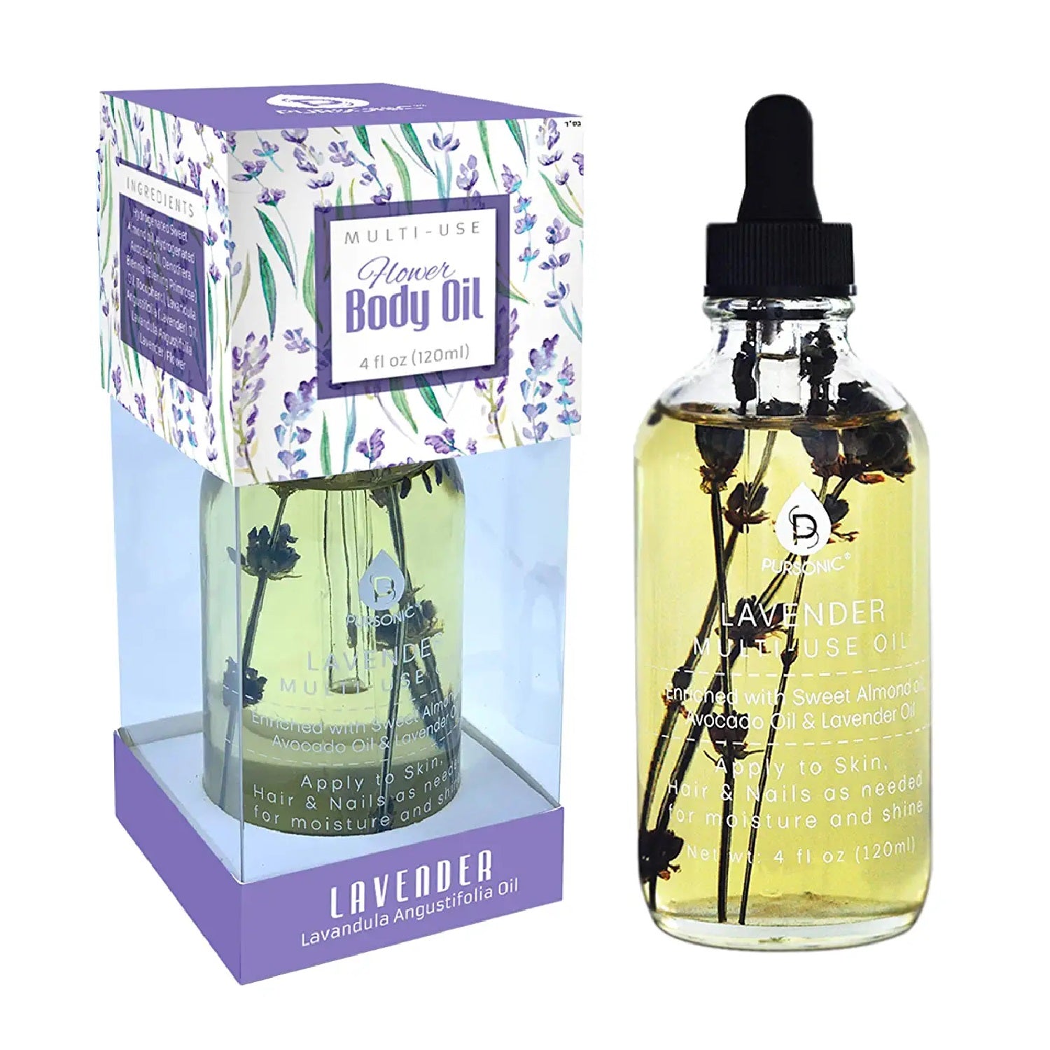 Lavendar Flower Multi Use Body Oils in a 4 oz bottle, showcasing its elegant design and natural ingredients.