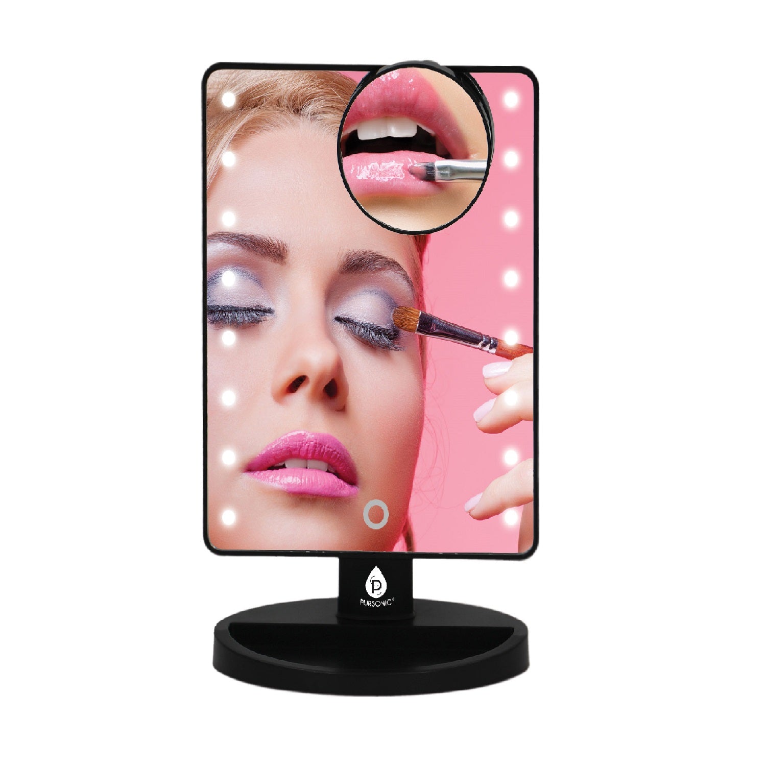 LED Lighted Vanity Makeup Mirror with 16 LEDs and detachable 5X magnification mirror, showcasing its sleek design and integrated storage tray.