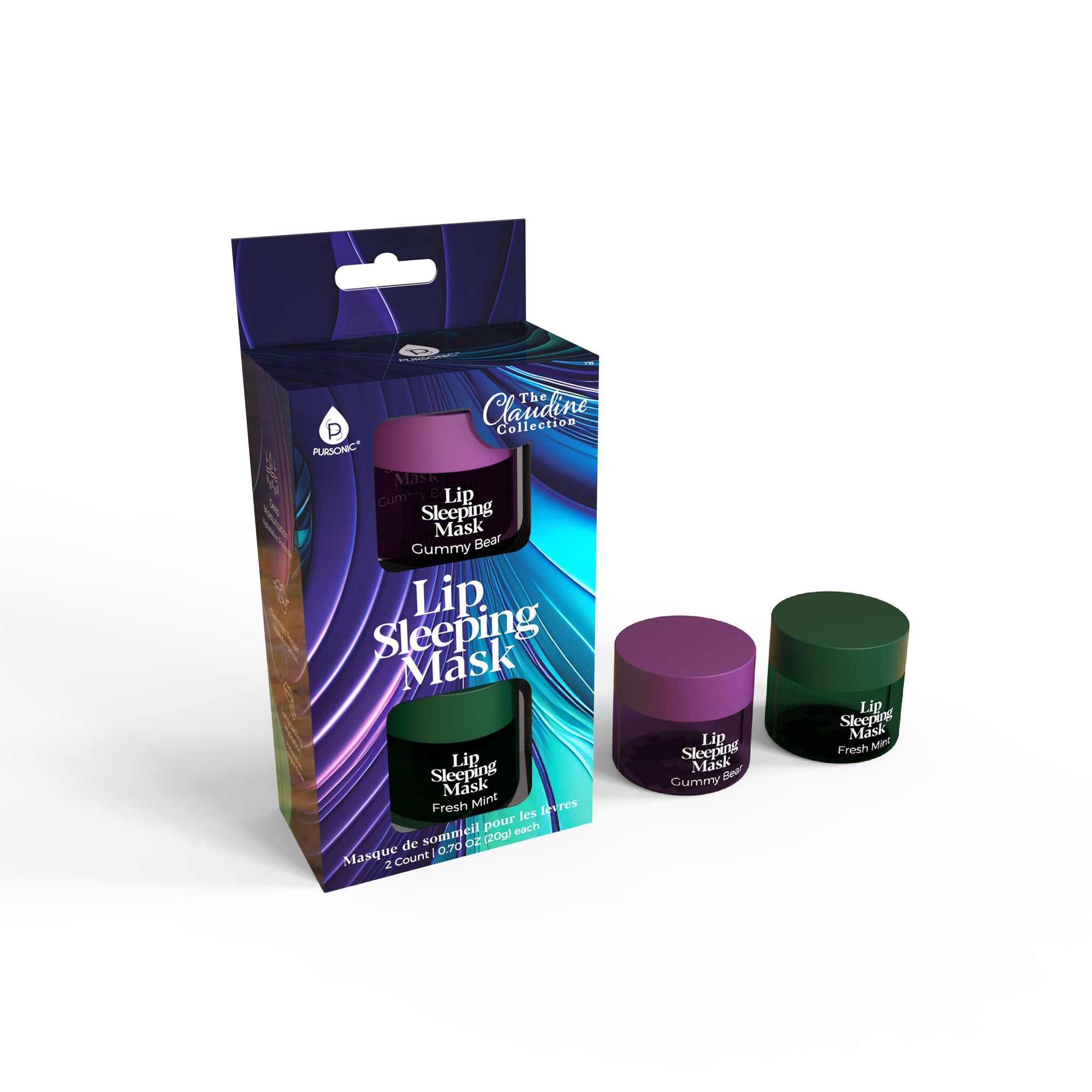 Pursonic Lip Sleeping Mask 2 Pack featuring Gummy Bear and Fresh Mint flavors, designed for overnight hydration and lip care.