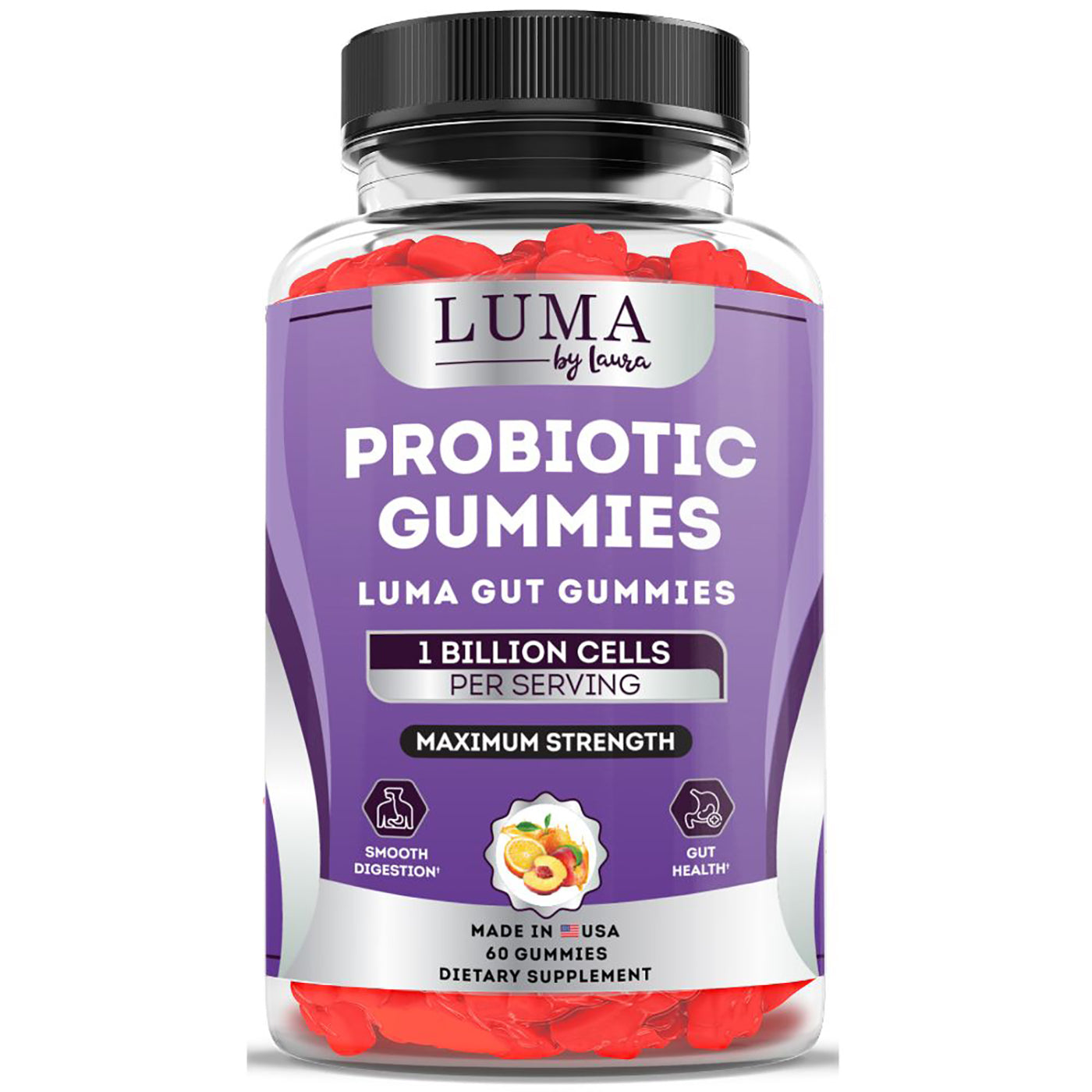 A bottle of Luma Gut Gummies featuring colorful probiotic gummies designed for digestive health, with a label highlighting smooth digestion and gut support.