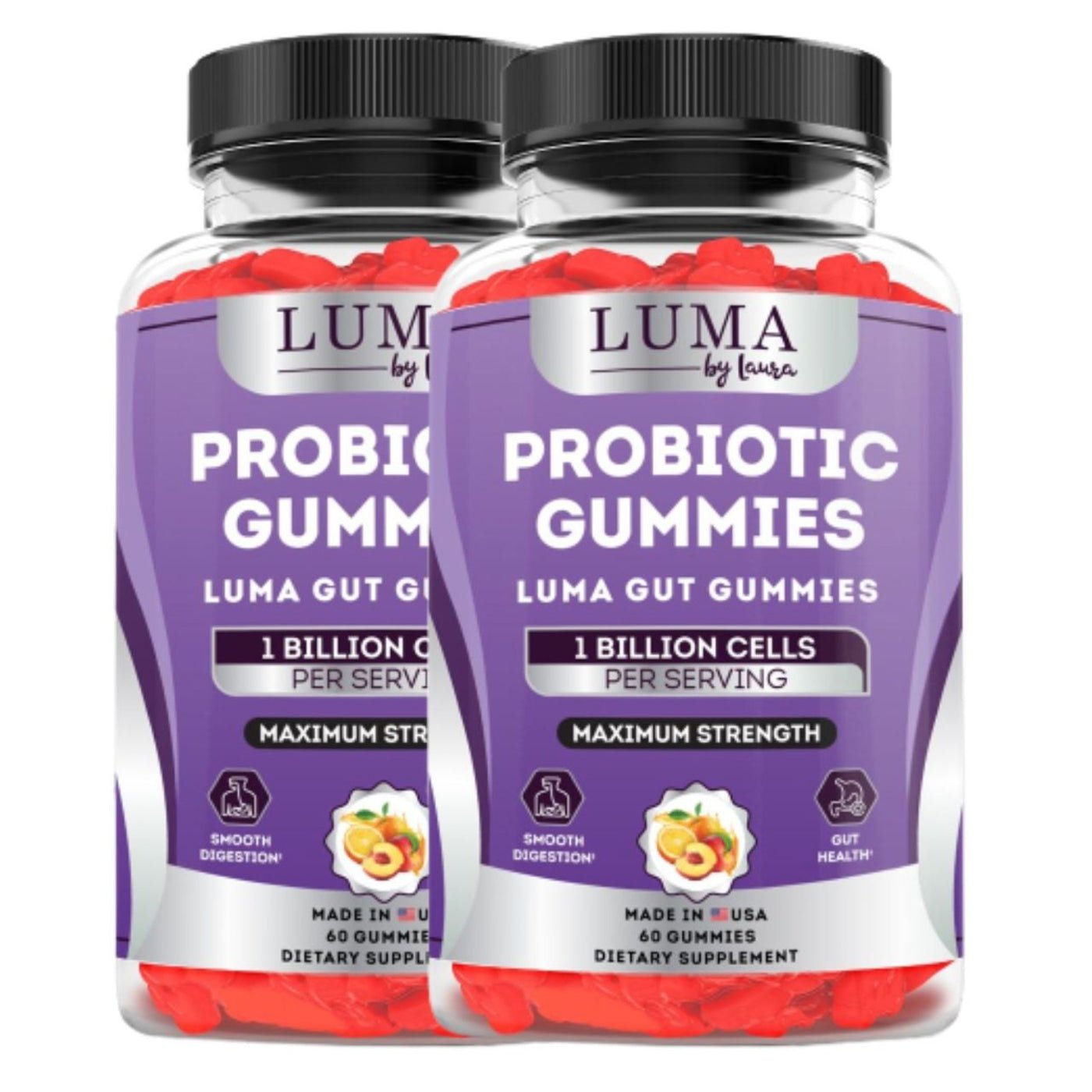 A bottle of Luma Gut Gummies featuring colorful probiotic gummies designed for digestive health, with a label highlighting smooth digestion and gut support.