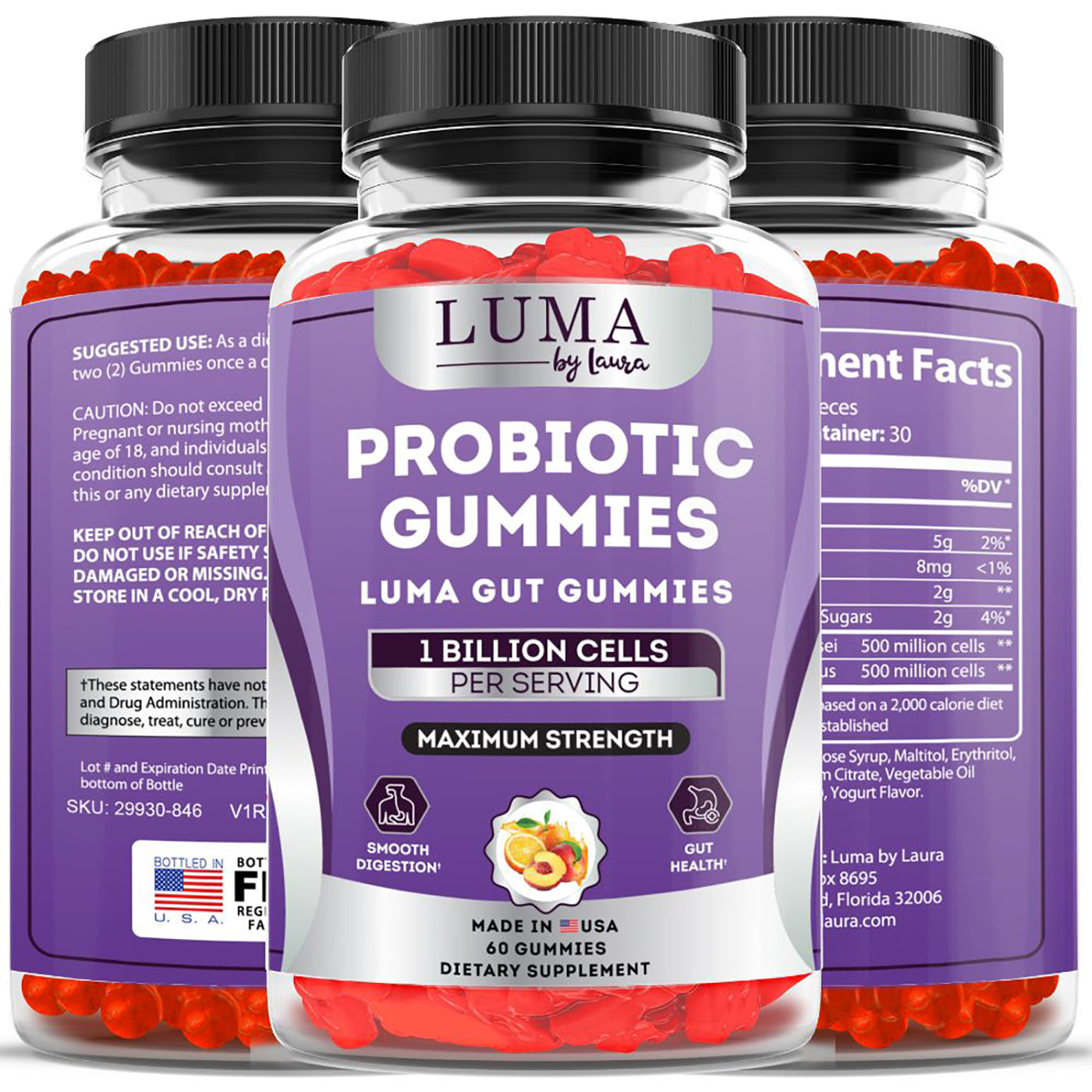 A bottle of Luma Gut Gummies featuring colorful probiotic gummies designed for digestive health, with a label highlighting smooth digestion and gut support.