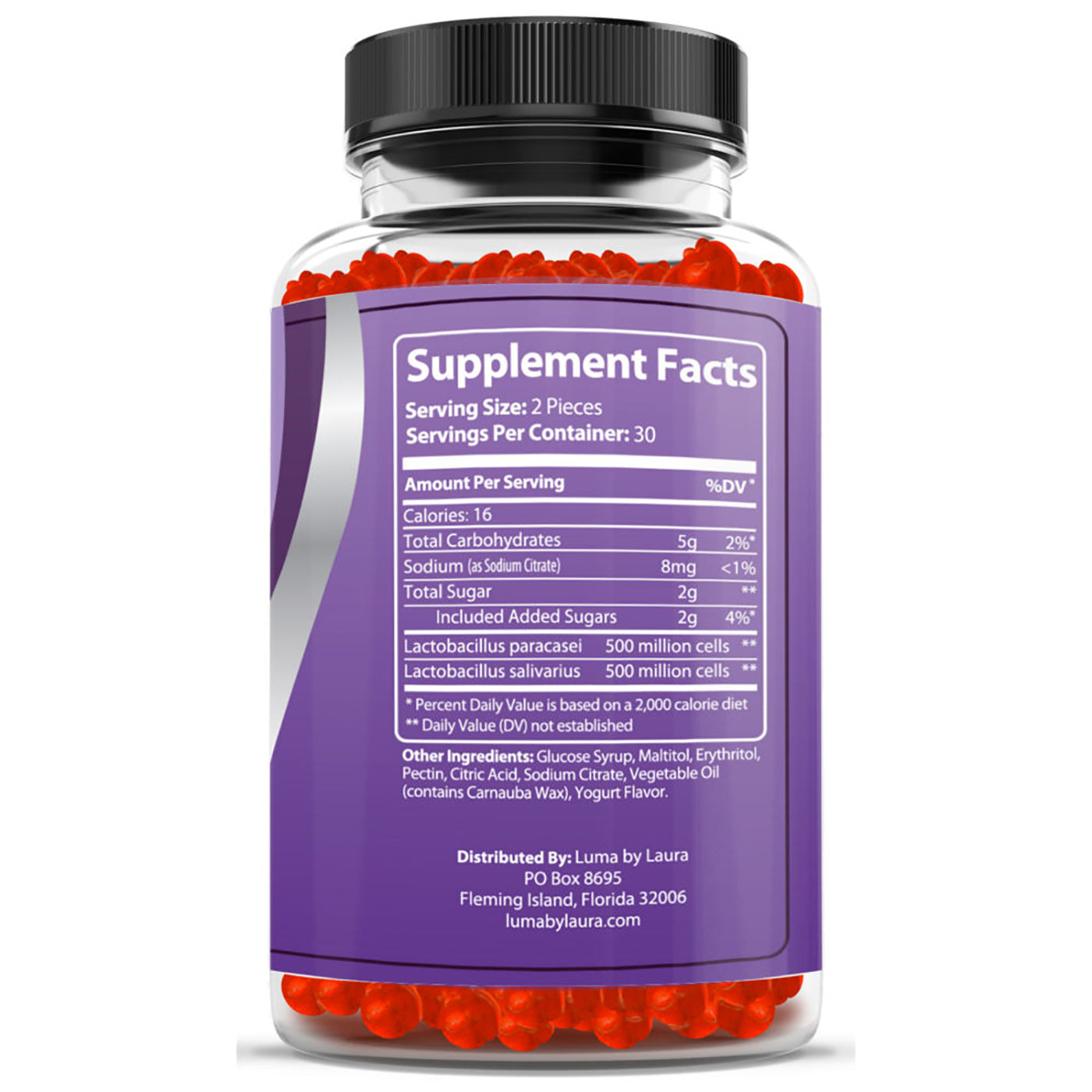 A bottle of Luma Gut Gummies featuring colorful probiotic gummies designed for digestive health, with a label highlighting smooth digestion and gut support.