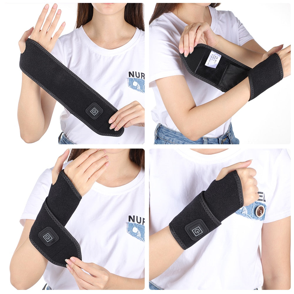 Magnetic Therapy Self-Heating Wrist Support Brace Wrap in black, showcasing its adjustable design and USB power supply.