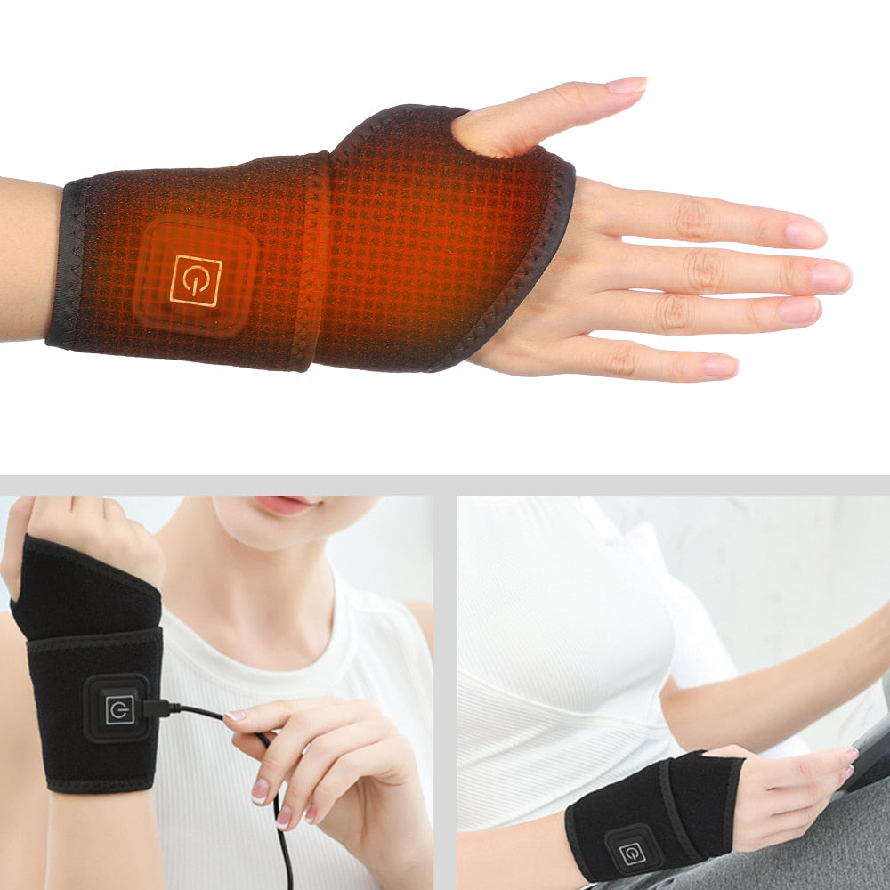 Magnetic Therapy Self-Heating Wrist Support Brace Wrap in black, showcasing its adjustable design and USB power supply.
