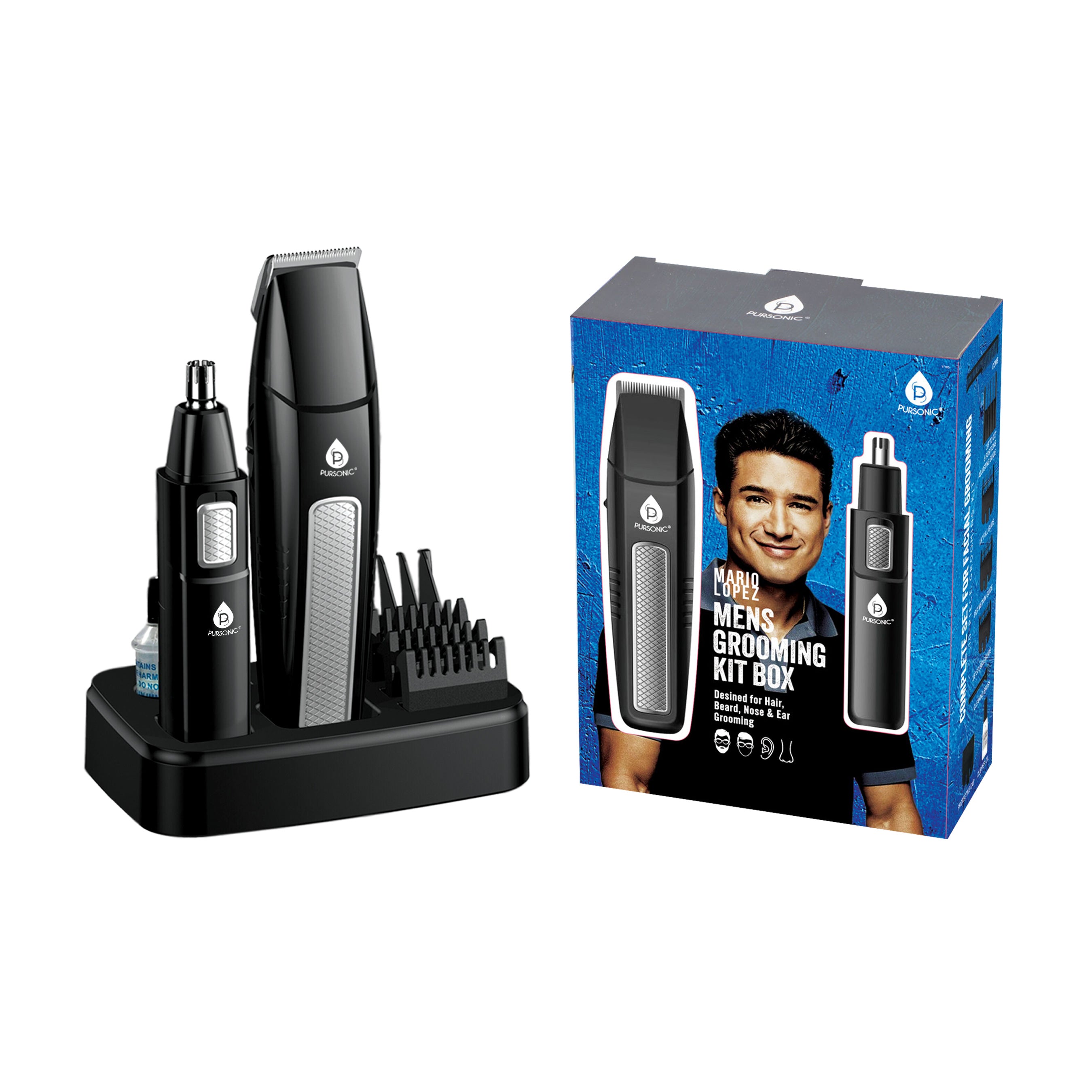 Mario Lopez Men's Grooming Kit featuring stainless steel clipper, adjustable combs, and trimmer for hair, beard, nose, and ear care.